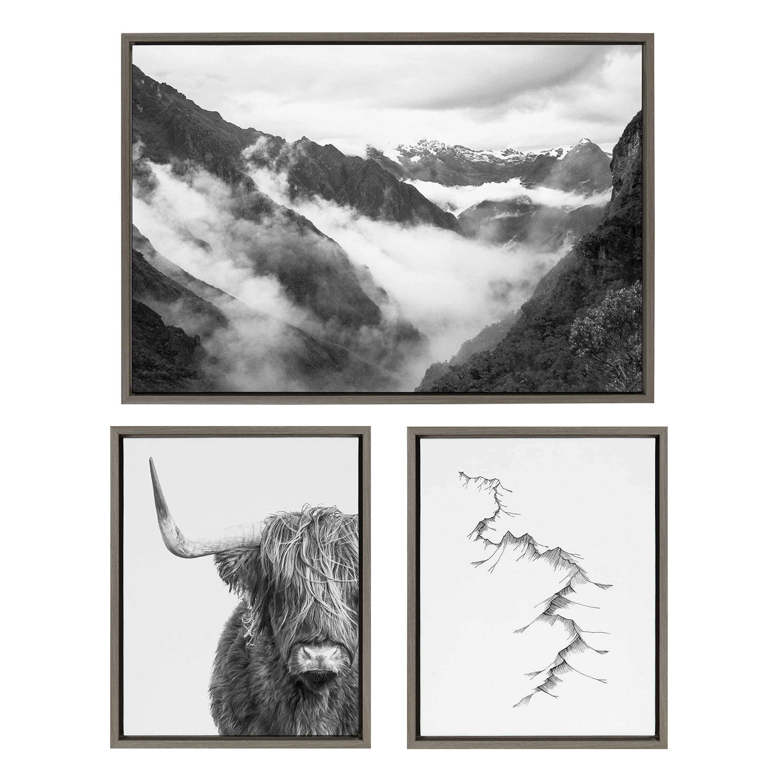 Kate and Laurel Sylvie Highland Cow, Mountains, and Inca Trail Black and White Framed Canvas Wall Art Set by Various Artists, Set of 3, 16x20 and 23x33 Gray, Decorative Exotic Art Set