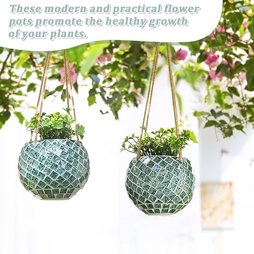 Miniatura 7 de Maceta colgante de cerámica con mosaico, maceta colgante para plantas de interior, maceta de bola de discoteca con drenaje