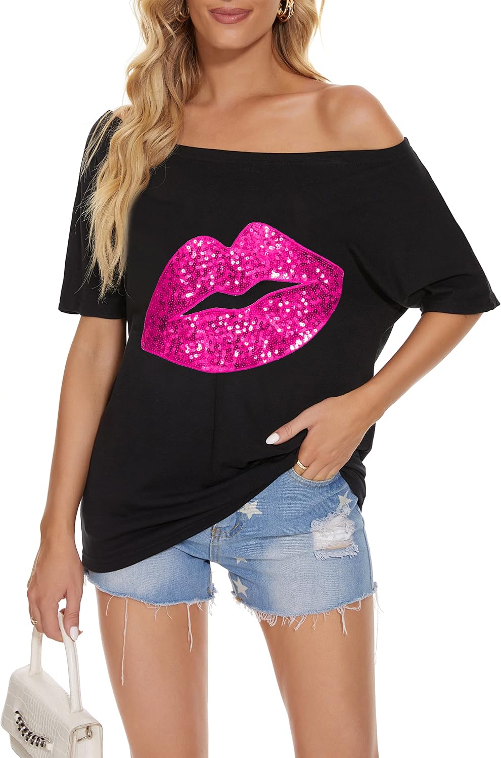PESION Women Off The Shoulder Tops Sexy Shiny Metallic Shirts Short Sleeves Fashion Graphic T-Shirts Blouses