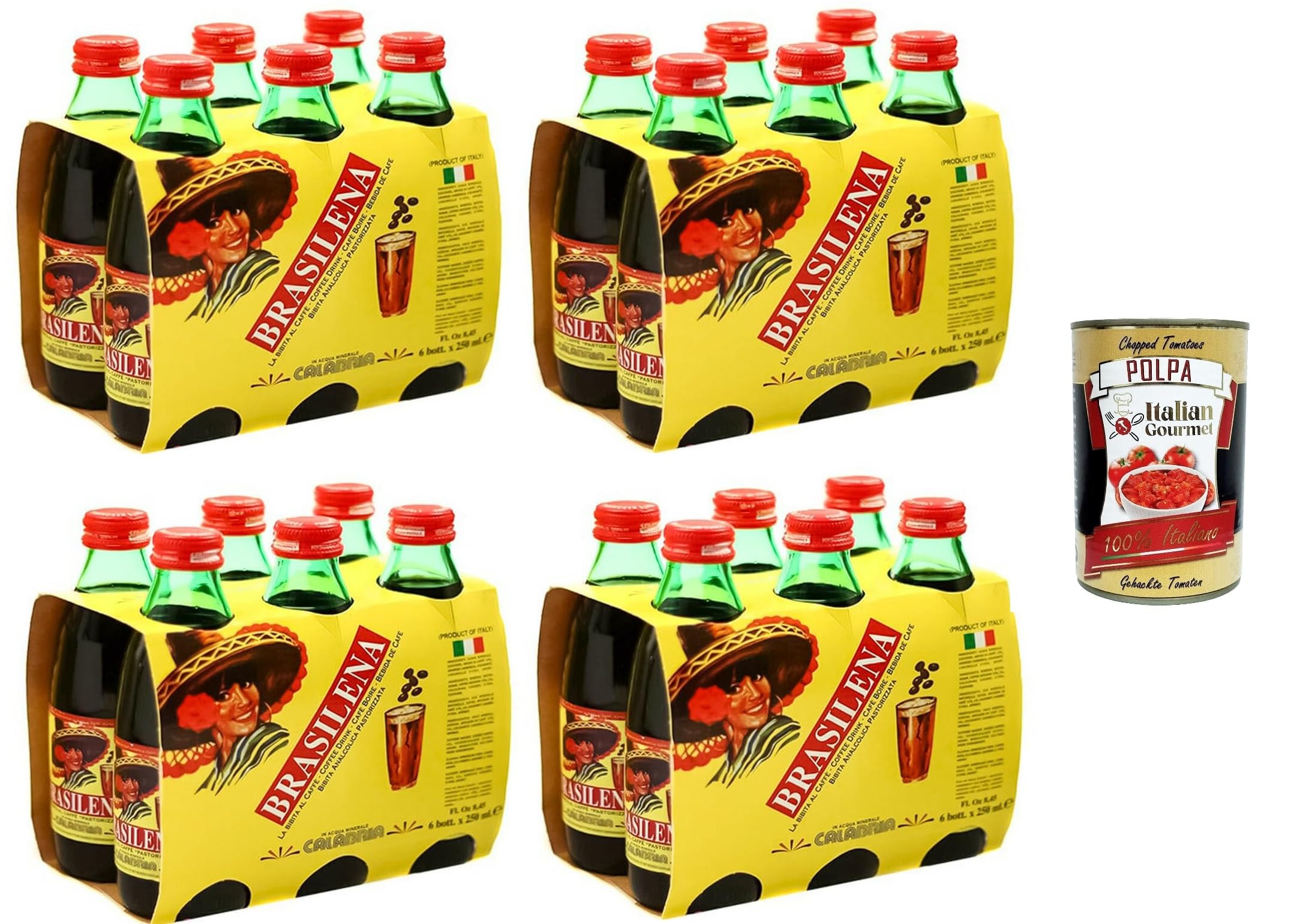 Italian Gourmet Brasilena Bibita Gassata al caffè Café 24 x 250 ml | Bevanda frizzante analcolica, refrescante con ácido carbónico de Calabria, peso neto total 6 L + Polpa 400 g