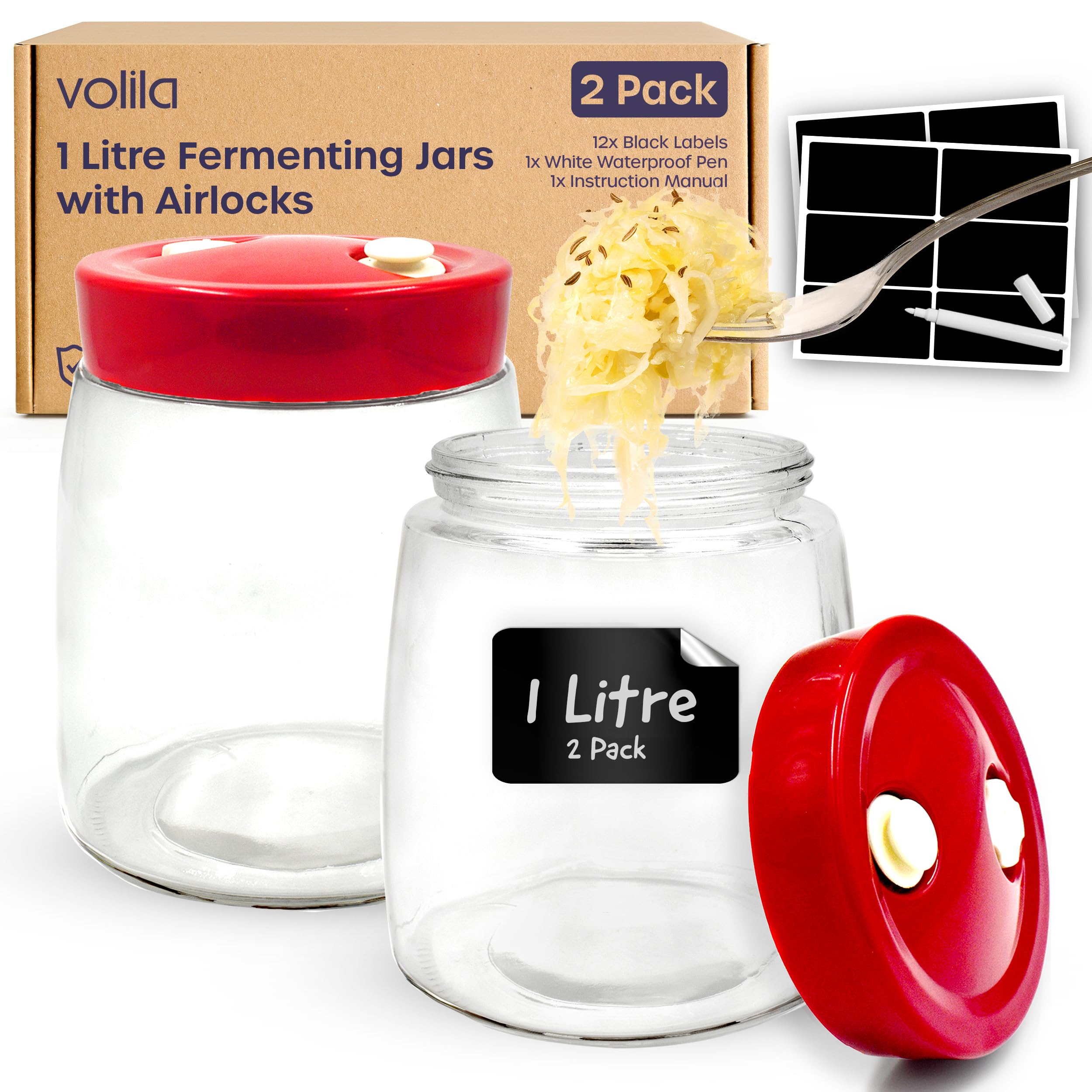 volila Fermentation Jars - 1 Litre Fermenting Jar with Airlock, Waterproof Labels and Pen - 2 Pack Fermentation Jar with 1 Way Air Release Vent Used as Kimchi Container, Kombucha and Sourdough Jar