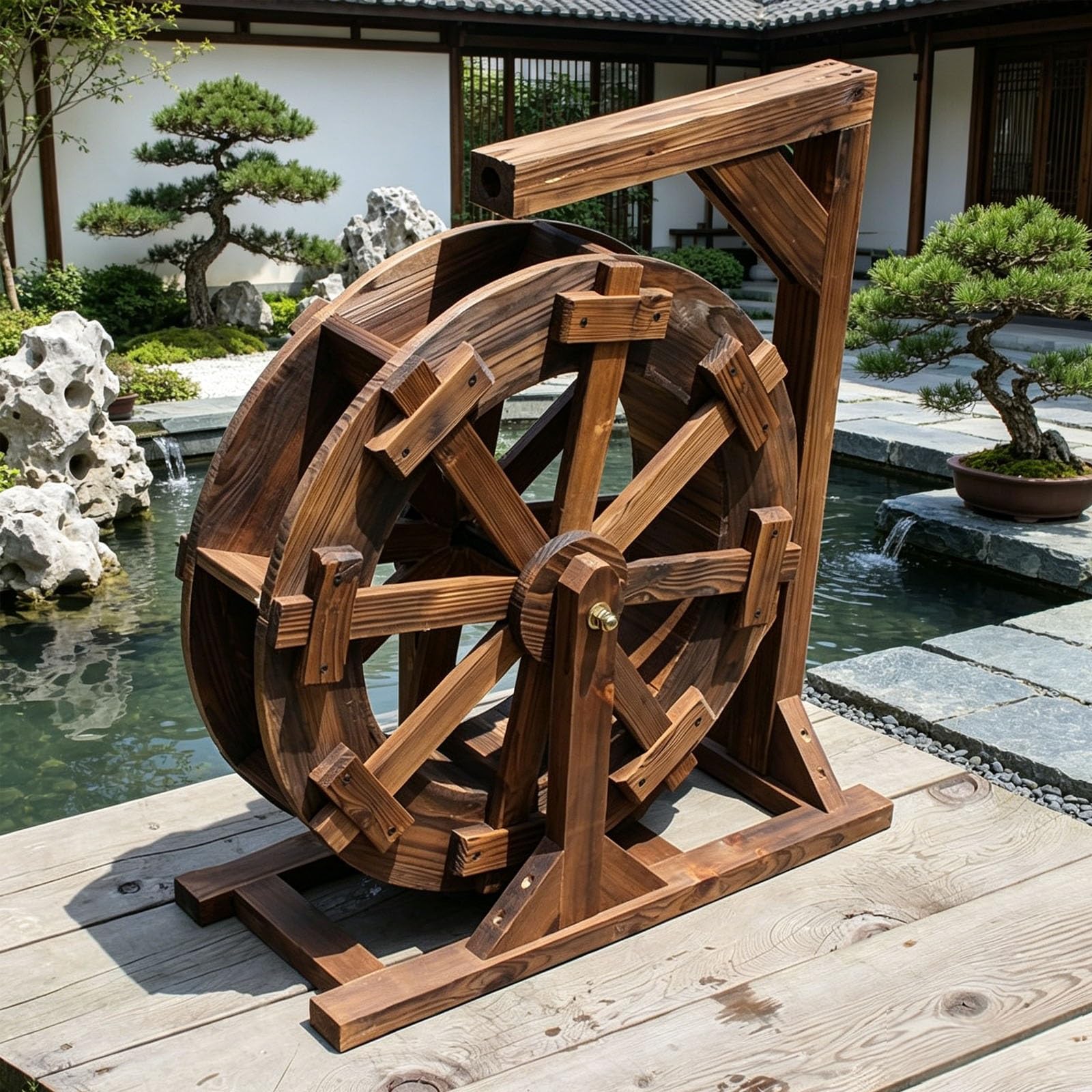 Fontaine extérieure de jardin en bois Ø30cm avec roue à eau et support décoratif