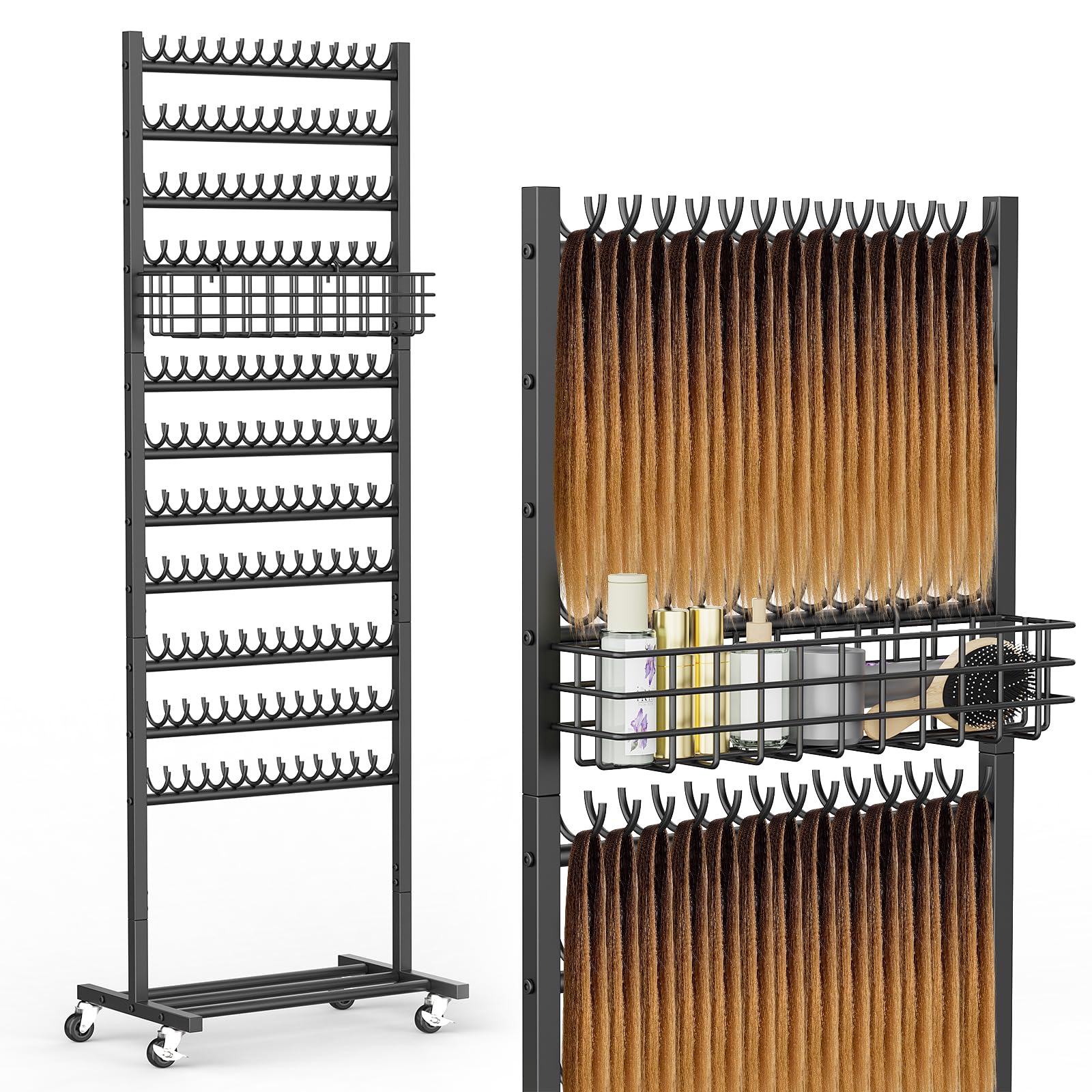 CADUKE Braiding Rack con 286 Pegs, Braiding Hair Rack de Pie Doble Cara con Ruedas y Cesta de Almacenamiento, Soporte para Extensiones de Cabello para Hairstylists y Braiders, para Salón o Hogar