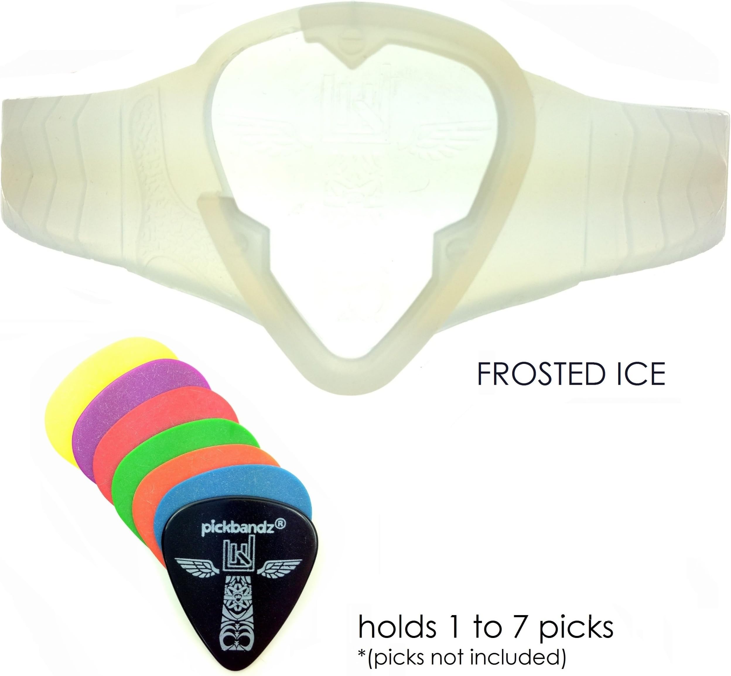 Pickbandz PRO Guitar Pick Holder Silicone Wristband in Frosted Ice - M to L Fit - Designed to Hold up to 7 Picks!
