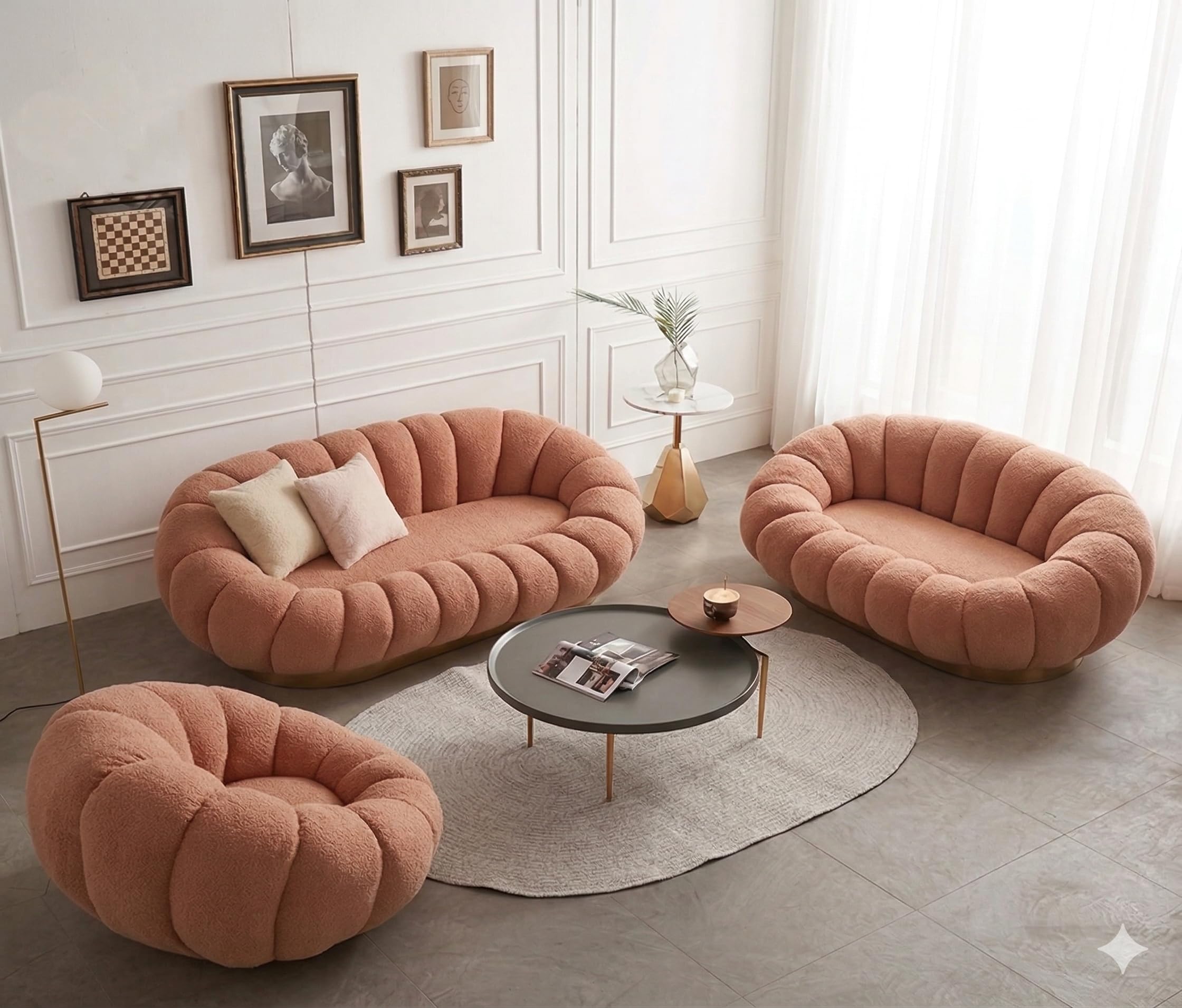 CRAFTCITY Pumpkin Style Wooden Sofa, Contemporary Modern & Cozy Accent Chair for Living Room (Pink, 6 Seater Sofa Set)-image-26