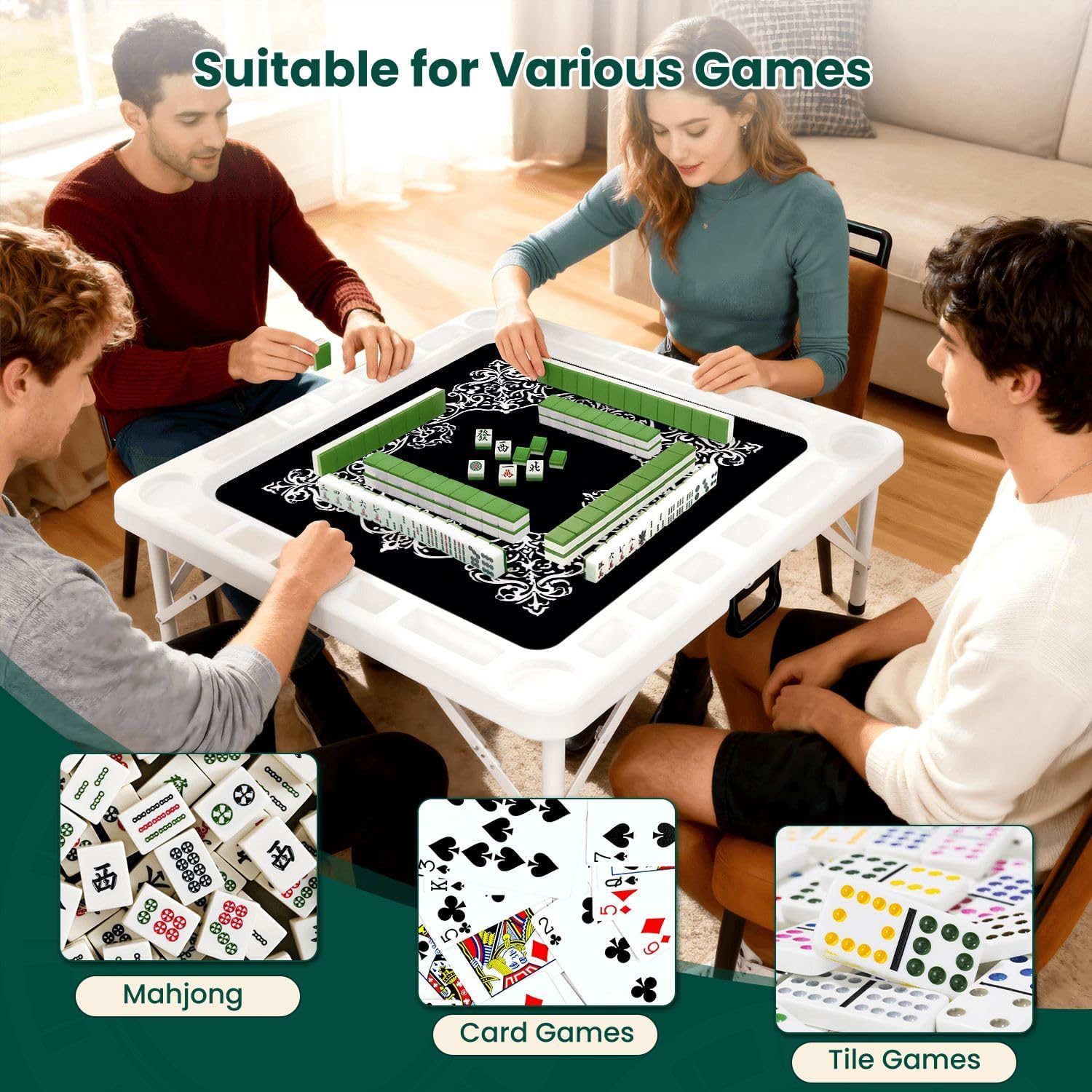 Folding Mahjong Table with Ornate Baroque Floral White Frame Intricate Swirls Curves Wear-Resistant Mahjong Mat, 4 Cup Holders & Chip Trays for 4 Players Square Portable Card Table for Poker Domino