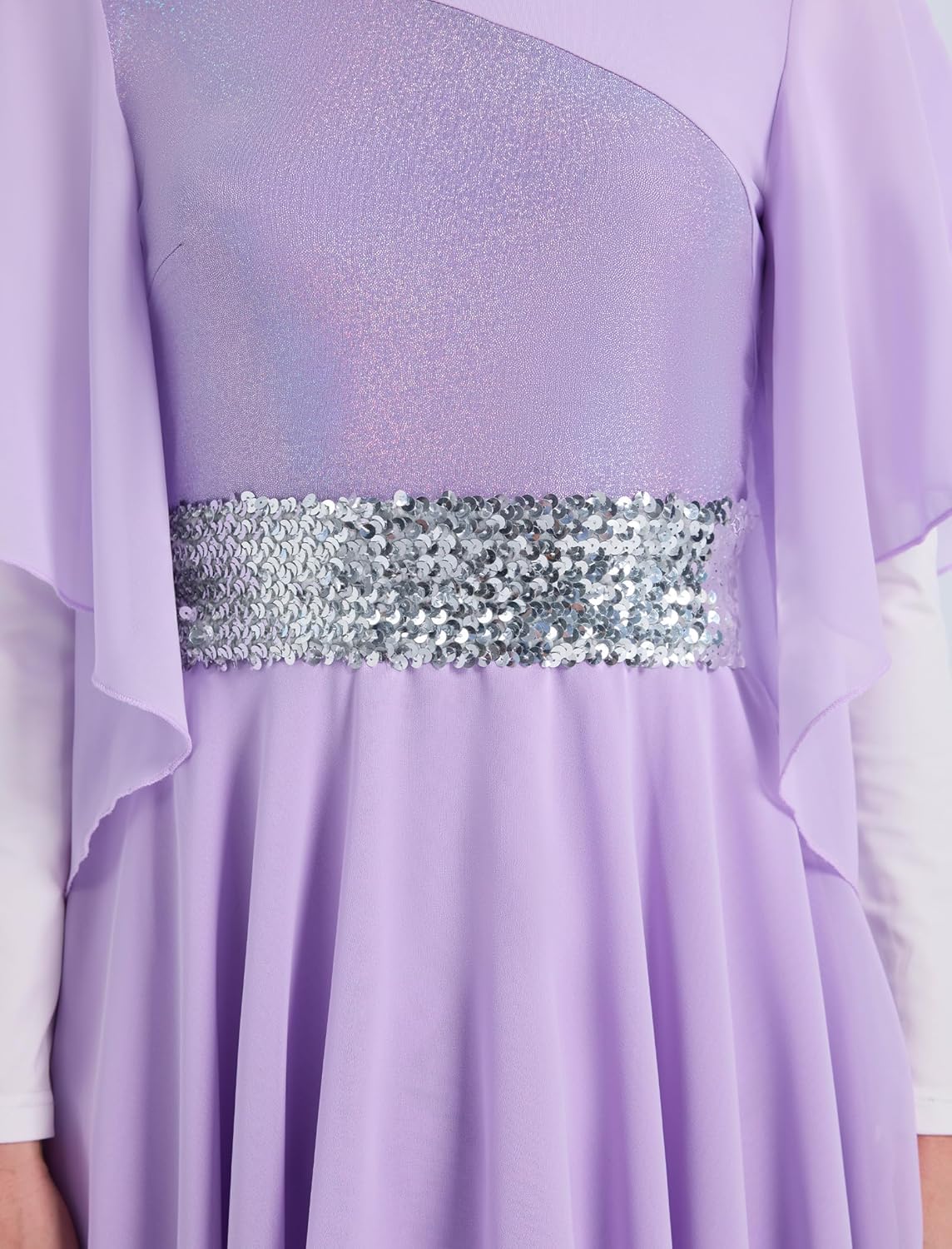 AFAVOM Metallic Praise Dance Dresses for Women Ruffle Color Block Worship Overlays Tunics Liturgical Dancewear with Waistband