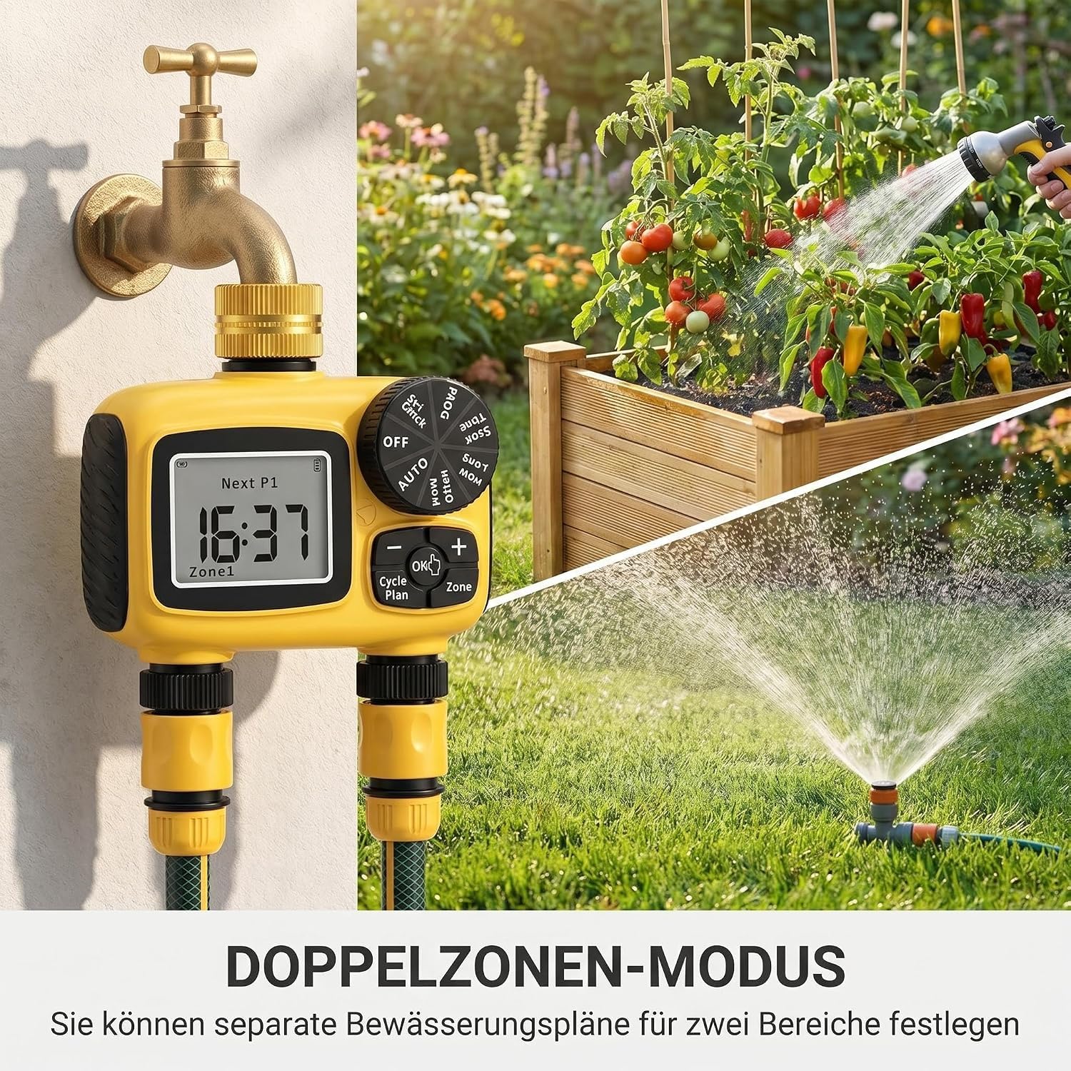 MQUPIN Ordenador de riego, 2 salidas, conexiones de latón | Temporizador de agua LCD con retardo de lluvia, protección para niños, IP55, doble zona, para jardín, césped, huertos