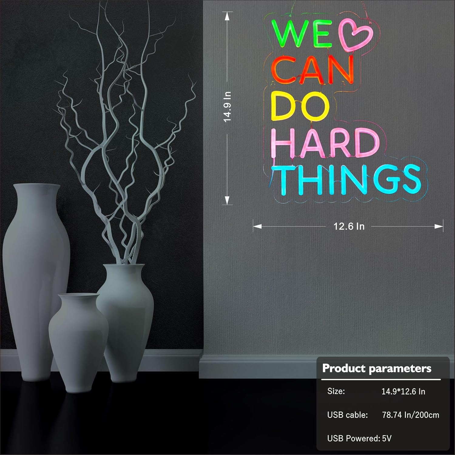 We Can Do Hard Things Neon Sign for Wall Decor, Kids Wall Art Positive Classroom Dimmable Neon Light Up Signs for Birthday Party Classroom Backdrop Decoration Gift, USB Powerd