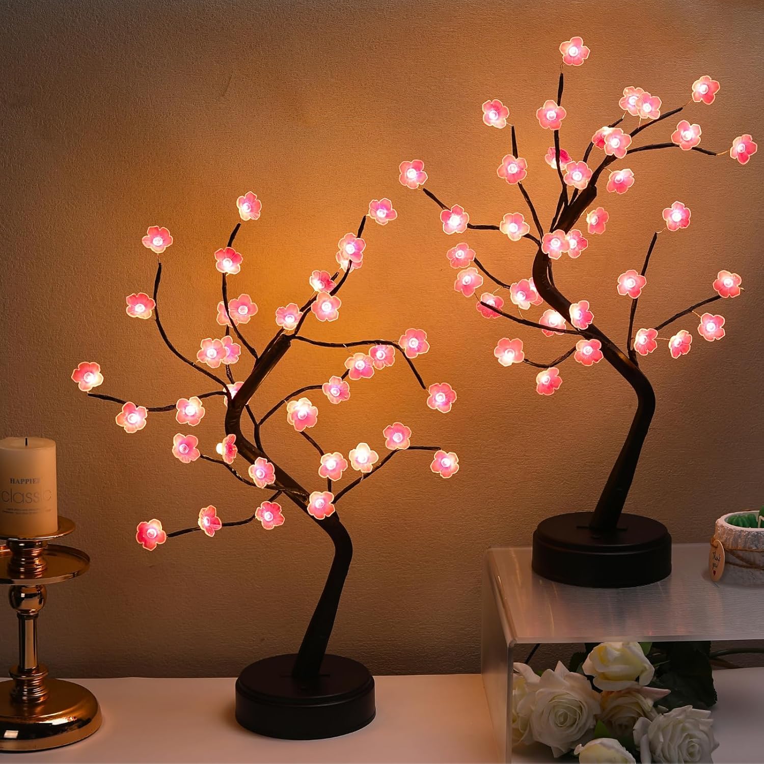 2 Cherry Blossom Bonsai Tree Lights, 36 LED Tree Lights, Japanese Style Decorative Batteries, and USB Plug-in Desktop Lighting Tree Lamps for Indoor Modern Home Decoration (Warm White)