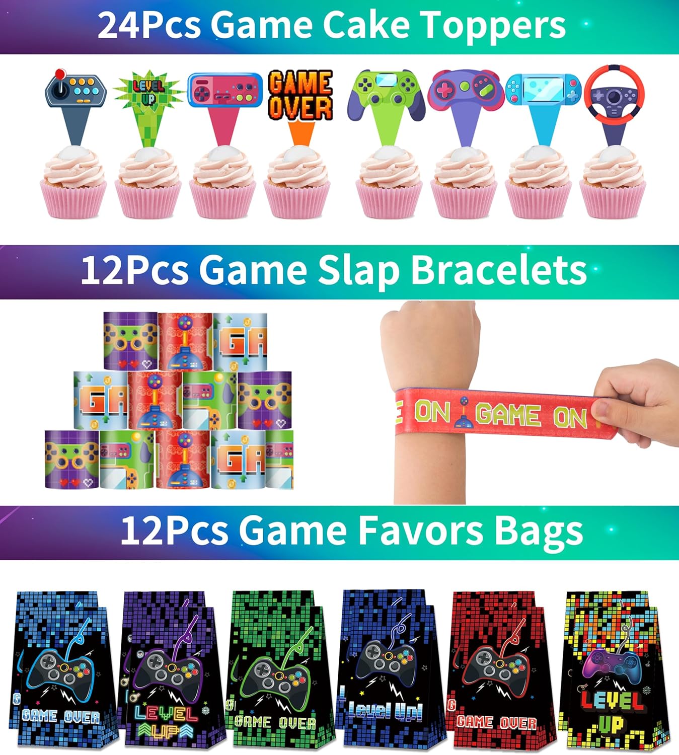 320PCS Video Game Party Favors for Kids-Including Goodie Bags, Glasses, Straws, Bubble Wands, Stickers, Cake Toppers, Tattoos & More-Perfect for Theme Party Decorations & Piñata Fillers - Image 6