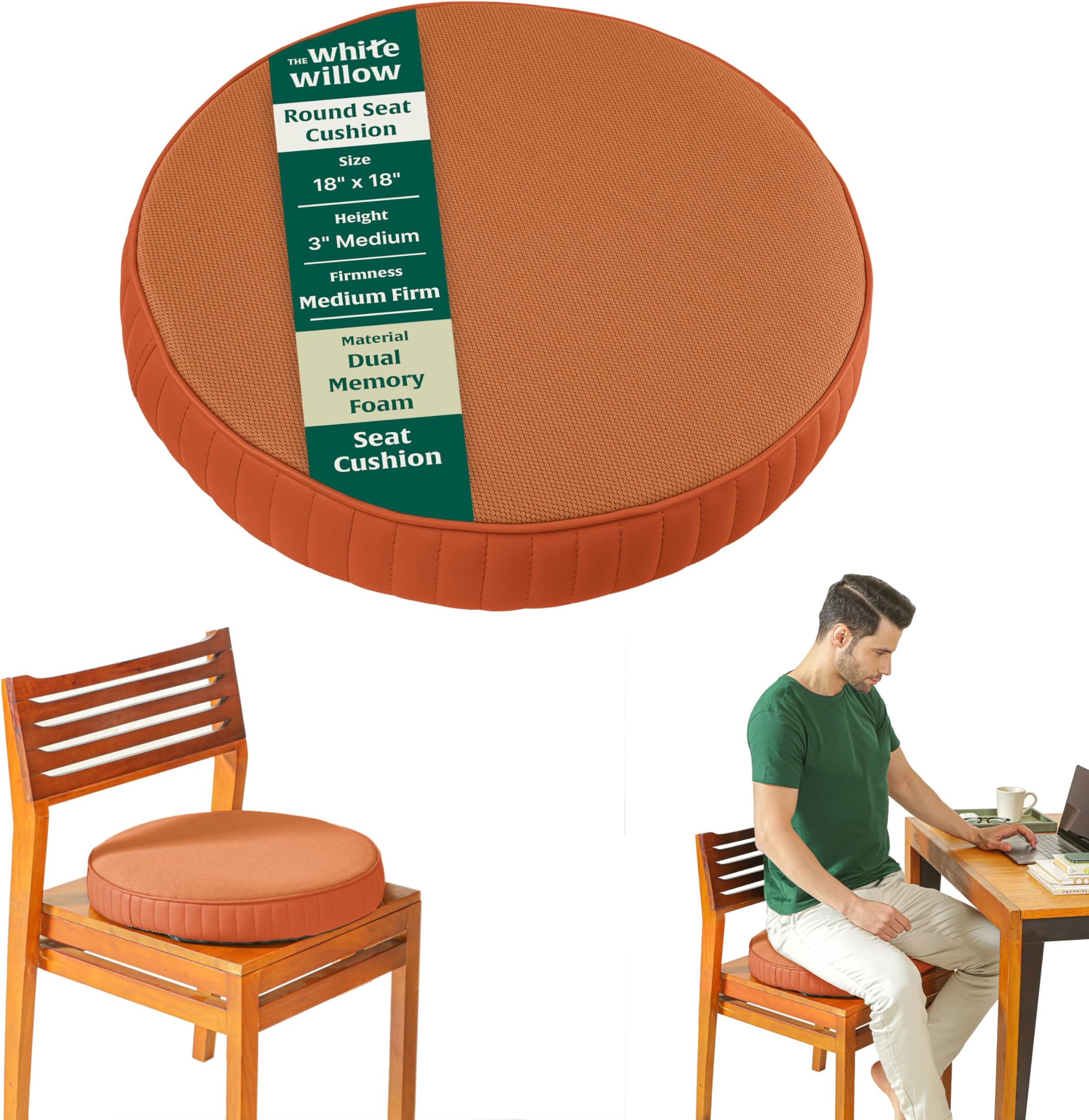 The White Willow Orthopedic Memory Foam High Resilience Indoor Chair Round Cushions for Sitting, Square Seat Cushions for Office, Car, Home and Floor- Tan (18" L x 18" W x 3" H)
