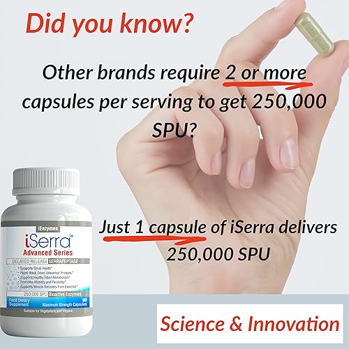 Miniatura 5 de iSerra 250,000 SPU Serrapeptasa Enzima - 90 cápsulas de máxima fuerza - hasta 12 veces más potente que otras serrapaptasa - Tecnología de liberación