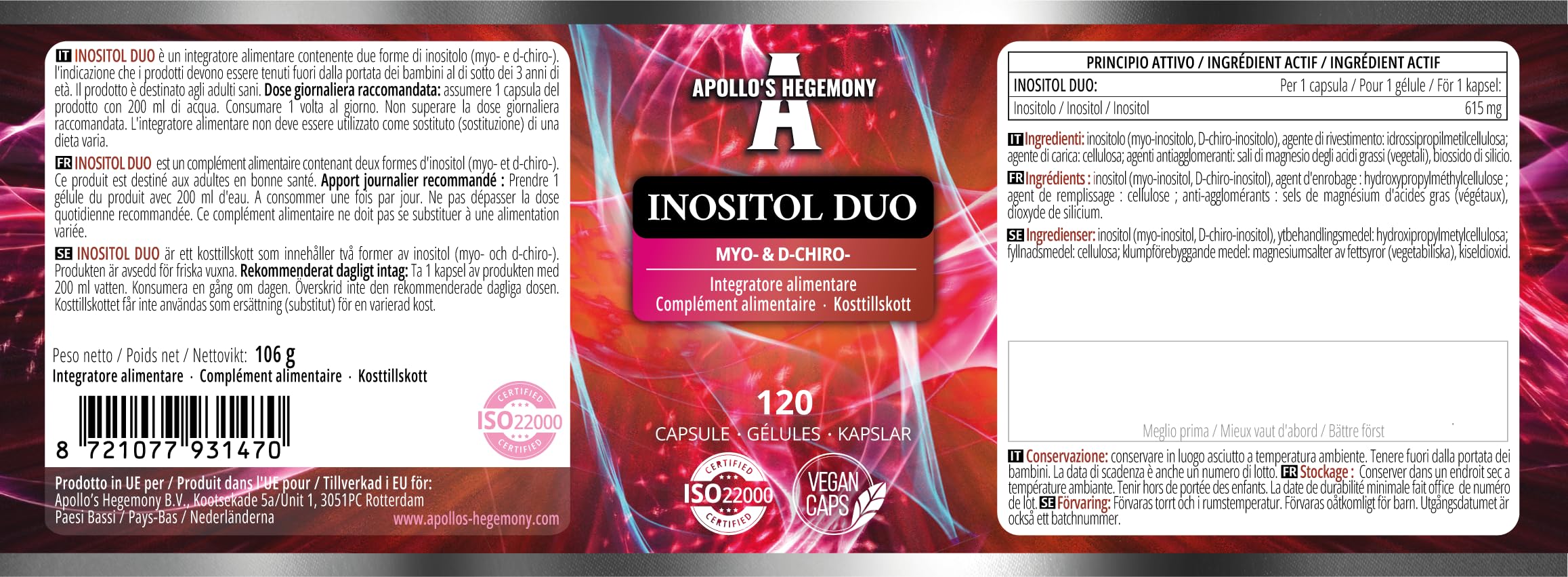 Inositolo Duo 120 Capsule Vegane - Myo-Inositolo + D-chiro-inositolo - 615 mg per Capsula - Fornitura per 4 mesi - Integratore di Vitamina B8 - da Apollo's Hegemony