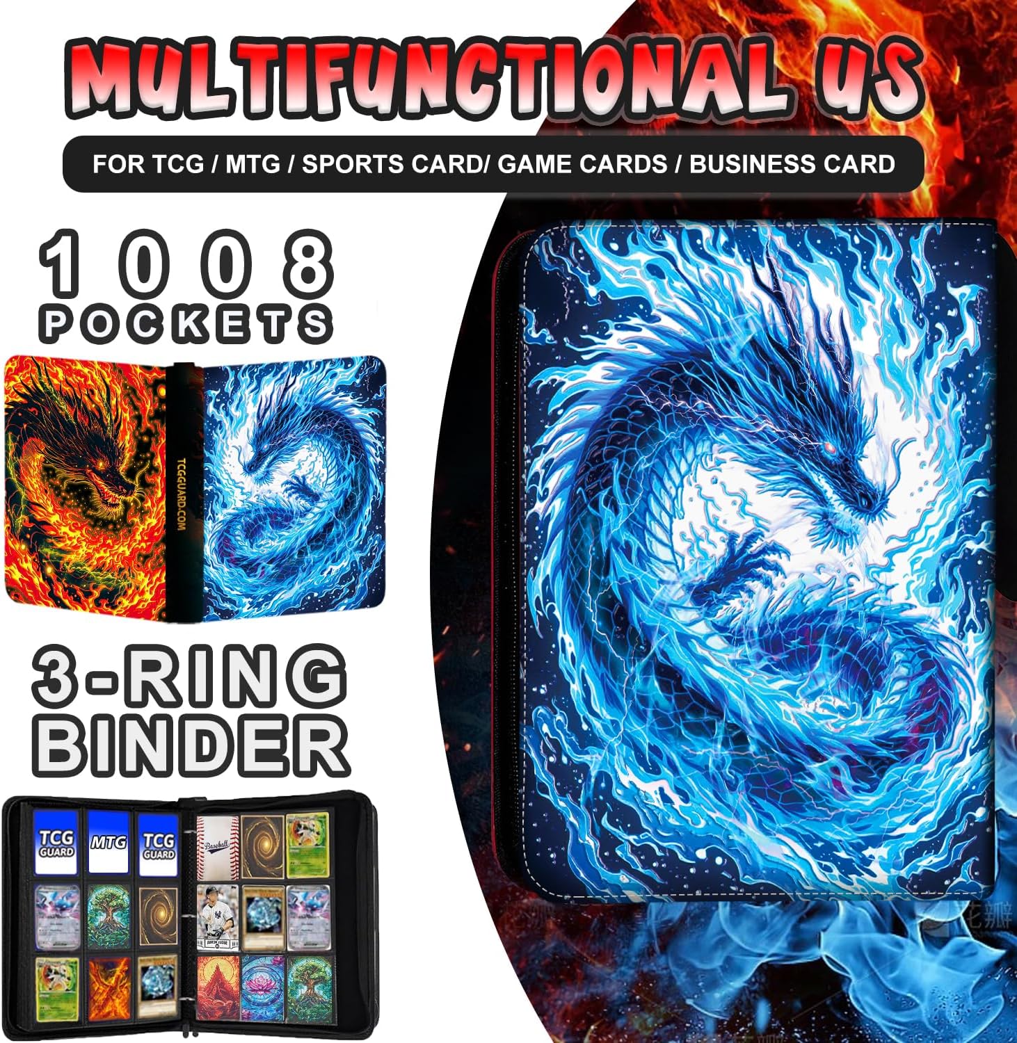 1008 Card Binder 9 Pocket, 3-Ring Trading Card Binder with 56 Page Removable Sleeves, High Storage Trading Card Holder Collection Card Album Carrying Organizer Case for MTG TCG Cards-Dragon