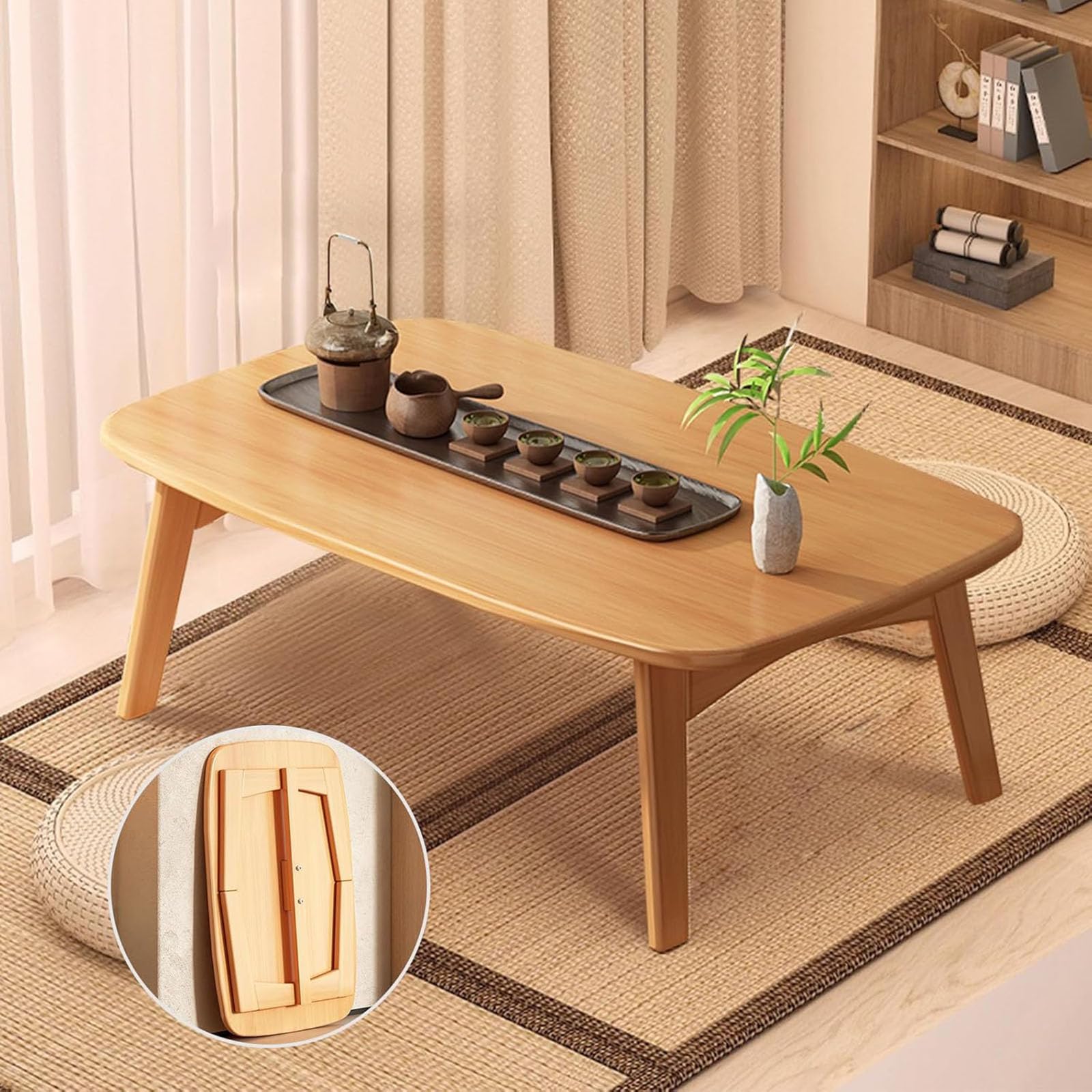 Table Basse Pliante Japonaise en Bambou, Table Portable et Pliable, Table Tatami Kotatsu, Table Basse pour s'asseoir au Sol, Meuble Japonais (80 x 40 x 31 cm, Naturel)