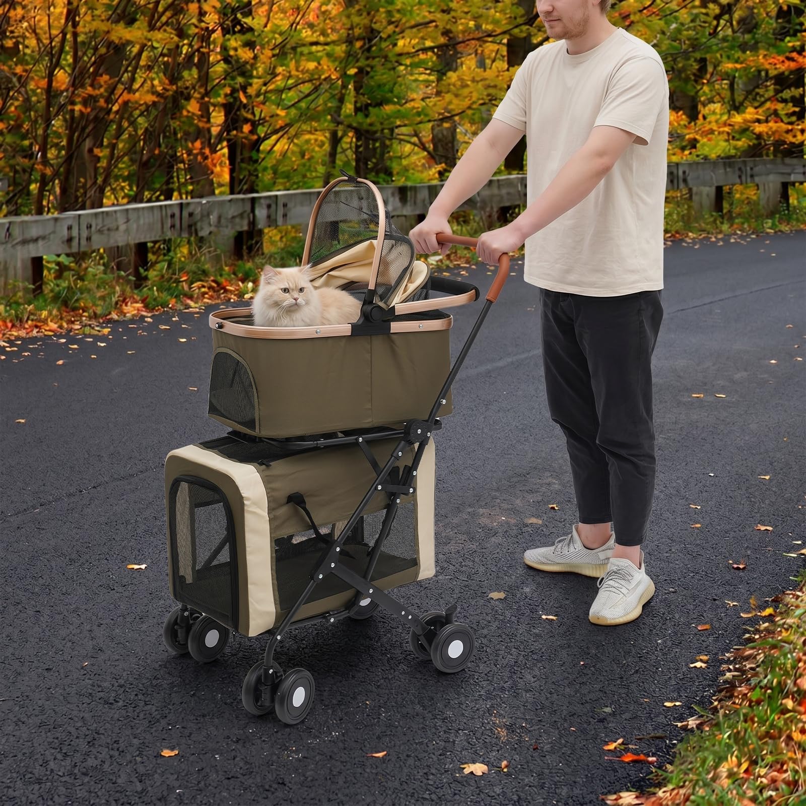 Passeggino per cani 3 in 1, 2 ripiani, con finestre a rete, tasche e imbottiture, Oxford e metallo, passeggino per animali domestici fino a 35 kg, pieghevole, per cani, gatti, animali domestici (verde