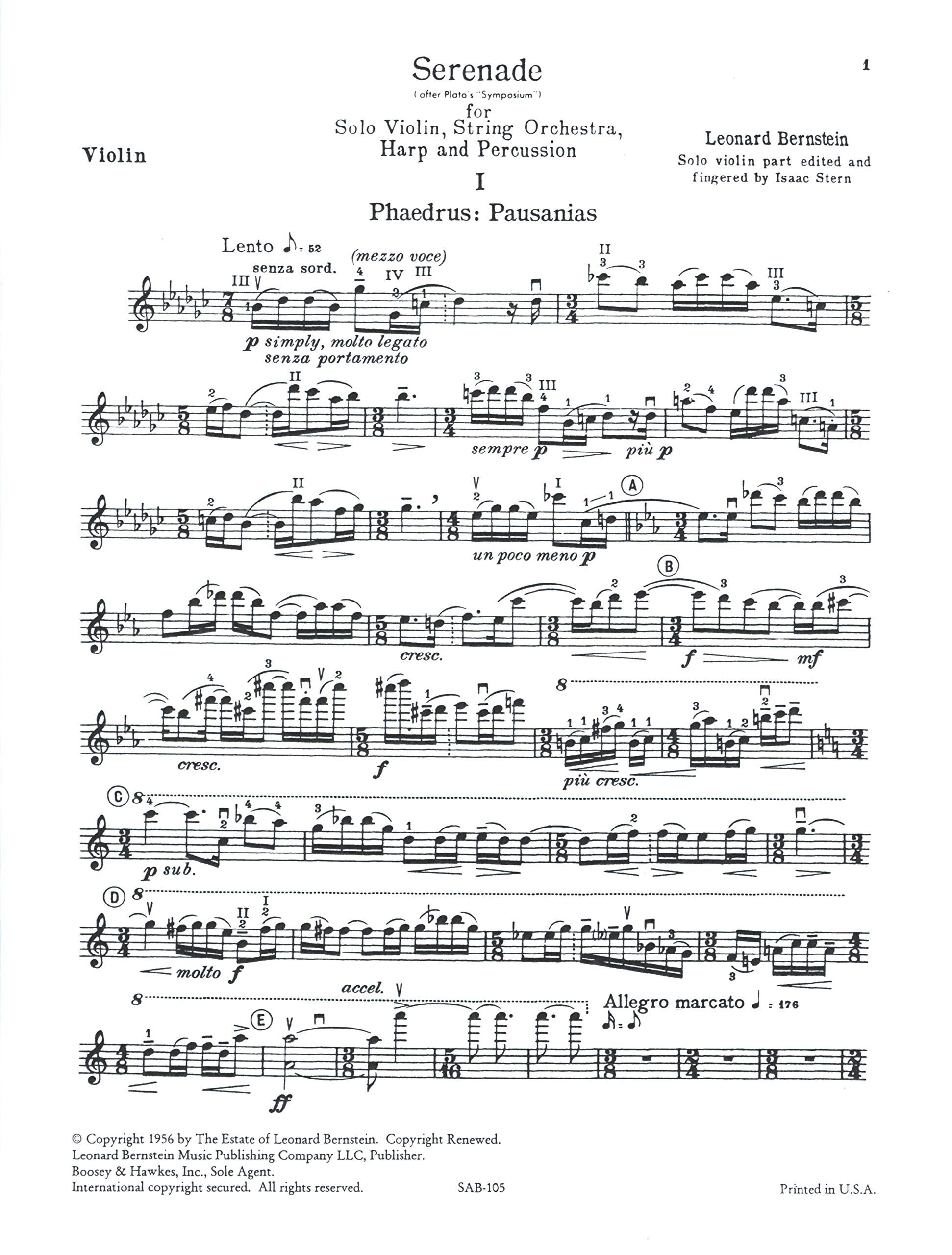 Serenade: after Plato's "Symposium". Violine, Streichorchester, Harfe und Schlagzeug. Klavierauszug mit Solostimme.