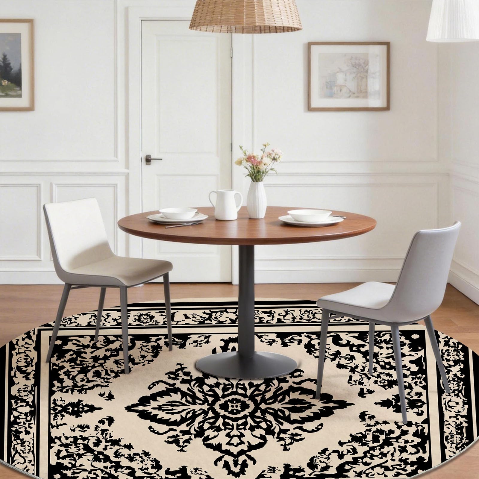 Lavable Tapis 180 cm Rond Intérieur Classique Fleurs Liane pour Salon, Chambre ou Couloir - Doux et Antidérapant - Vintage Ethnique Facile à Nettoyer Poil Ras Tapis pour Salle de séjour, Beige