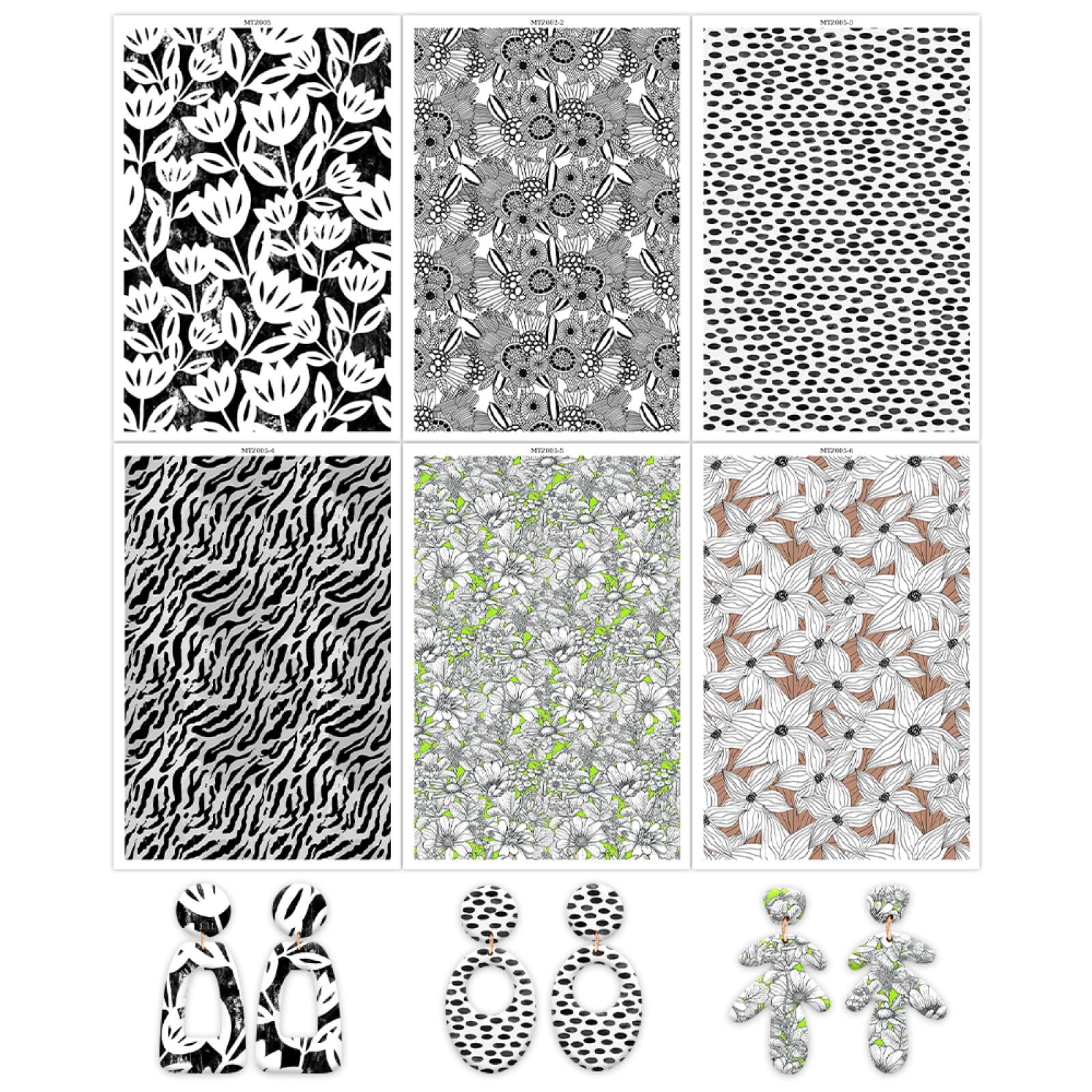 Transferpapier für Polymer-Ton, schwarze Blumen, Punkte, Muster, Ton, Transferbögen, wasserlösliche Polymer-Ton-Transferblätter für selbstgemachte Schmuckherstellung, Ohrringe, 14 x 8 cm, 6 Stück