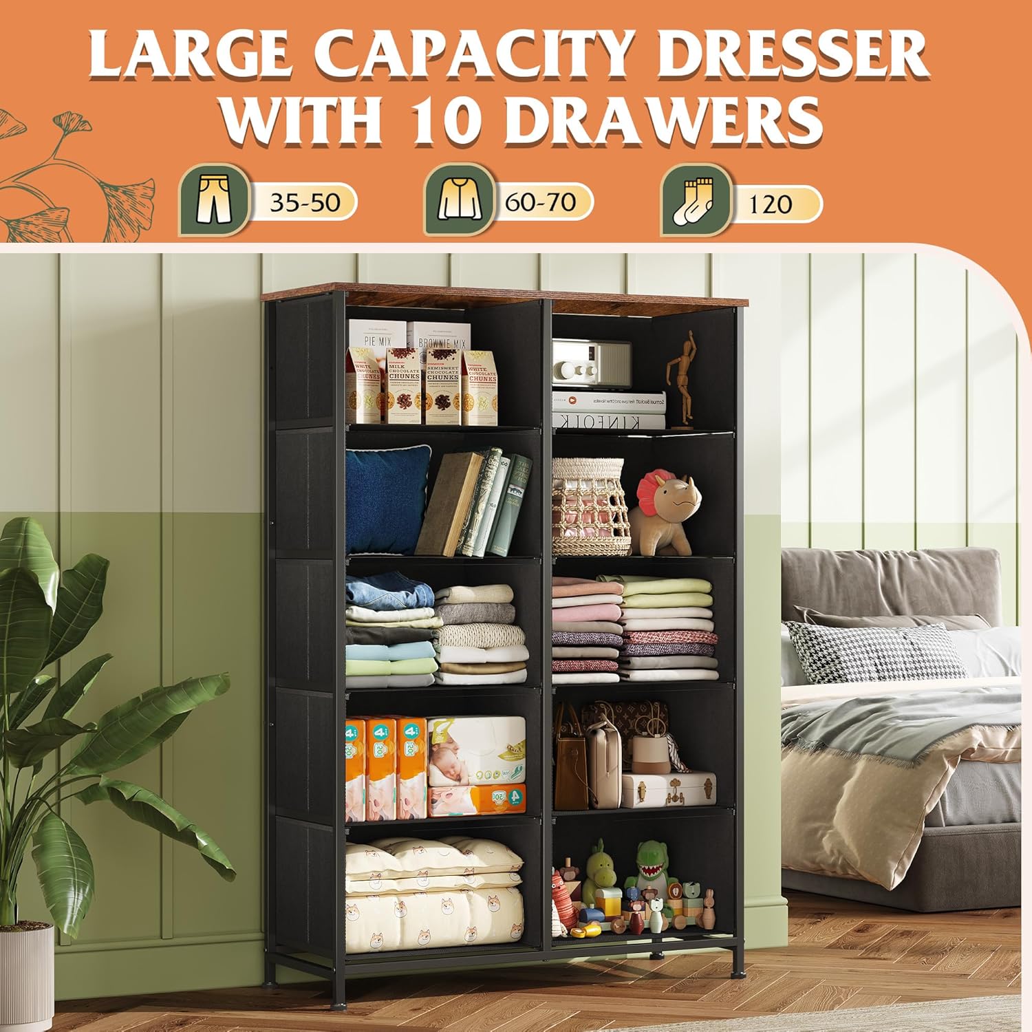 WLIVE Tall Dresser for Bedroom with 10 Drawers, Chest of Drawers, Fabric Dresser for Closet, Hallway, Living Room, Entryway, Floral Painted