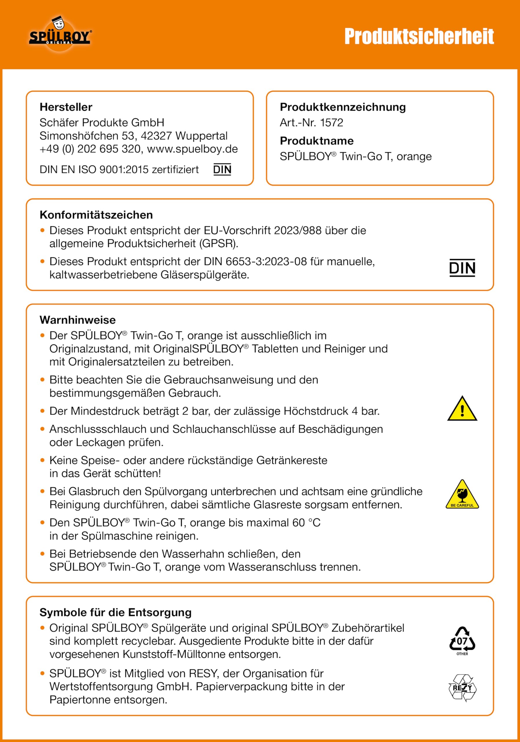 Gläserspülgerät SPÜLBOY®TwinGo limitiertes Sondermodell in orange, Gläserspüler, Druckglasspüler