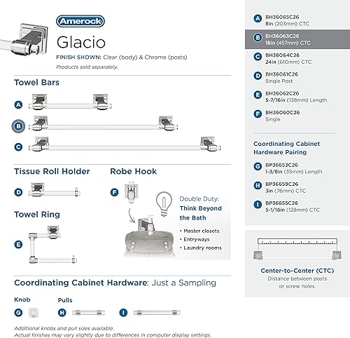 Miniatura 4 de Amerock BH36063C26  Toallero transparentecromado  Toallero de 18 pulgadas (457 mm)  Glacio  Portador de toallas de baño  Herrajes de baño