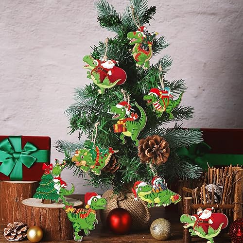 Miniatura 6 de BBTO 40 piezas de adornos de dinosaurio de Navidad para árbol de Navidad, adornos decorativos de madera de dinosaurio colgante para árbol, fiesta de