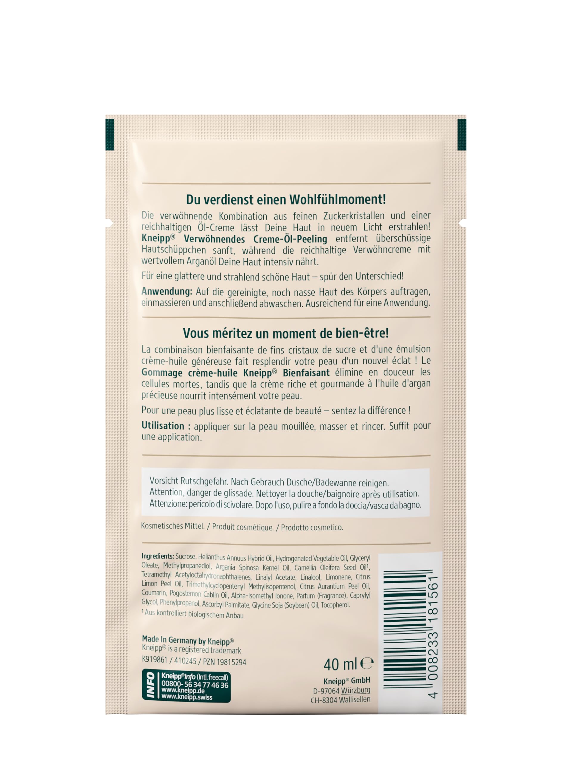 Kneipp Rozpieszczający peeling kremowo-olejkowy – peeling do ciała z cennym olejkiem arganowym i delikatnymi kryształkami cukru – 15 x 40 ml