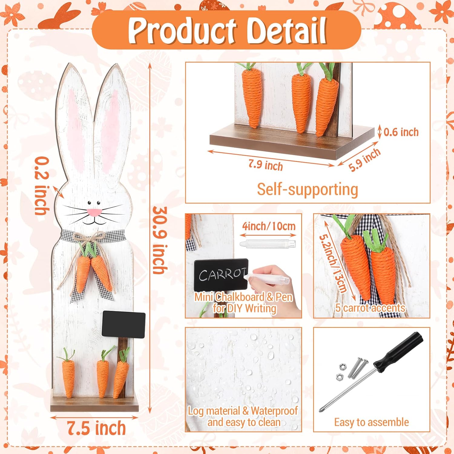 novabright easter bunny porch decor standing wooden rabbit yard sign with carrot bow tie mini chalkboard sign for front door garden farmhouse spring outdoor indoor easter decoration 30.9 h