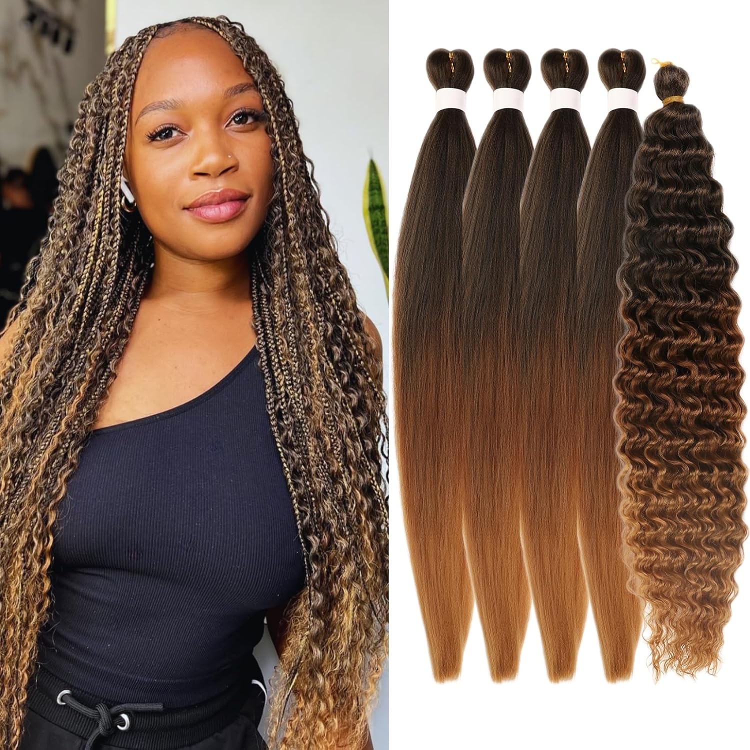 Brown to Honey Blonde Braiding Hair Pre Stretched for Boho Braids Ombre 1B/30/27# Boho Hair for Braiding Bohemian Box Braids Hair (Total 5 Packs)