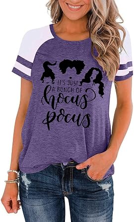 Womens Halloween Shirt Hocus Pocus Shirts Sanderson Witch Broom Graphic Tshirt Raglan Color Block Tops