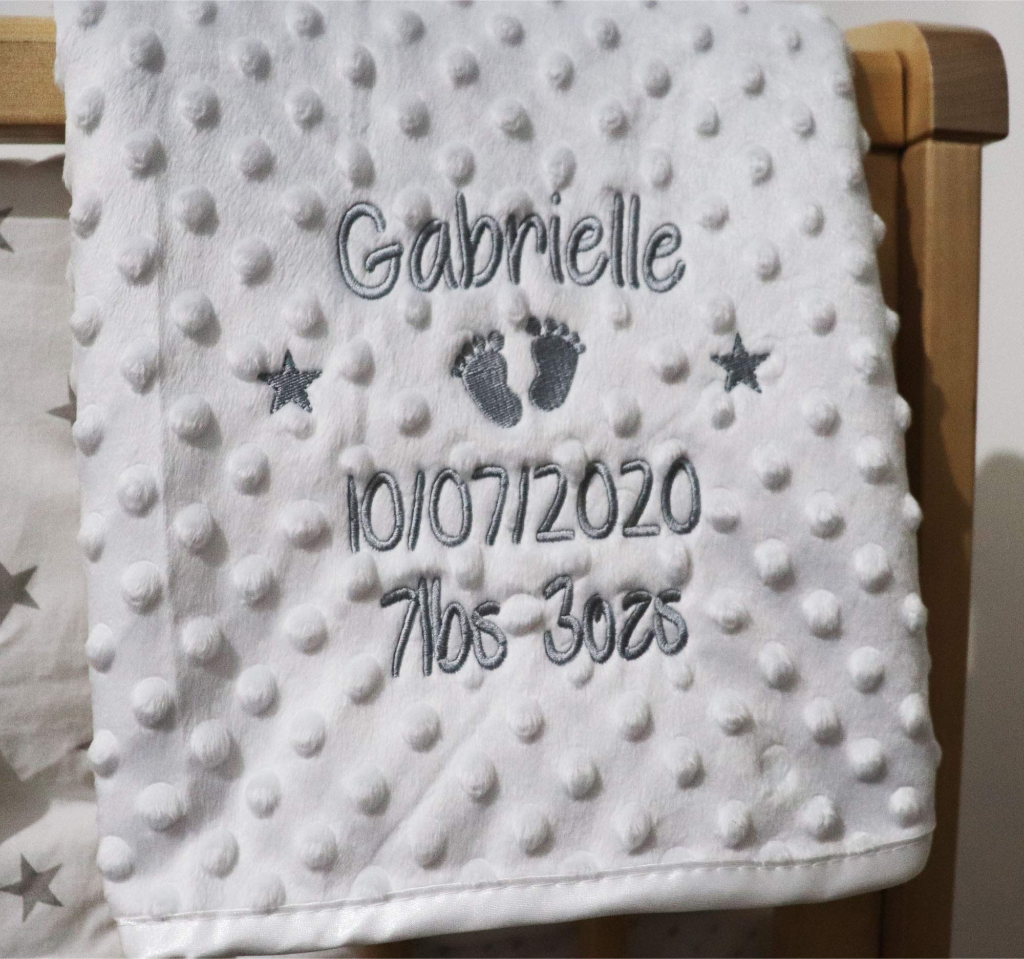 Personalised Baby Blanket Luxury Bubble Style White Round Font Name Date Weight Print