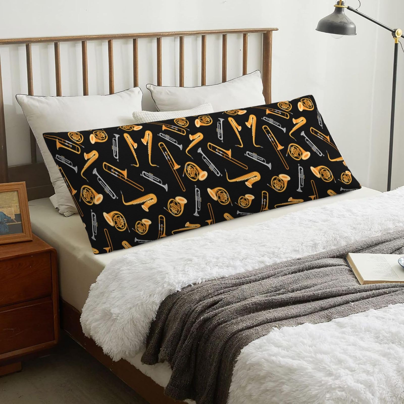 Saxophone Trombone Music Black, Body Pillow Cover with Zipper,Long Body Pillowcase 20 x 60 in