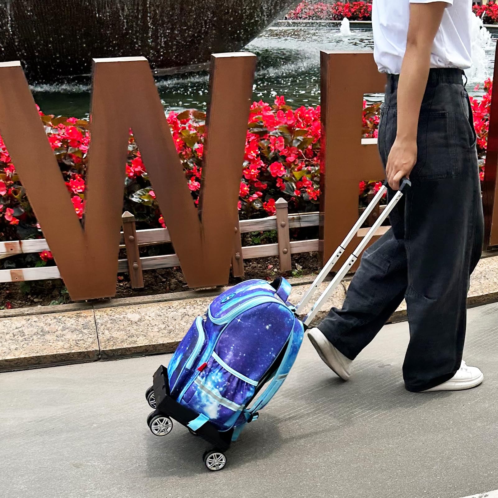 Carro de mochila con ruedas, carro de mano plegable de aleación de aluminio con base de borde, 4 ruedas, carrito de equipaje con correa de equipaje para niños, adolescentes, adultos, escuela, viajes