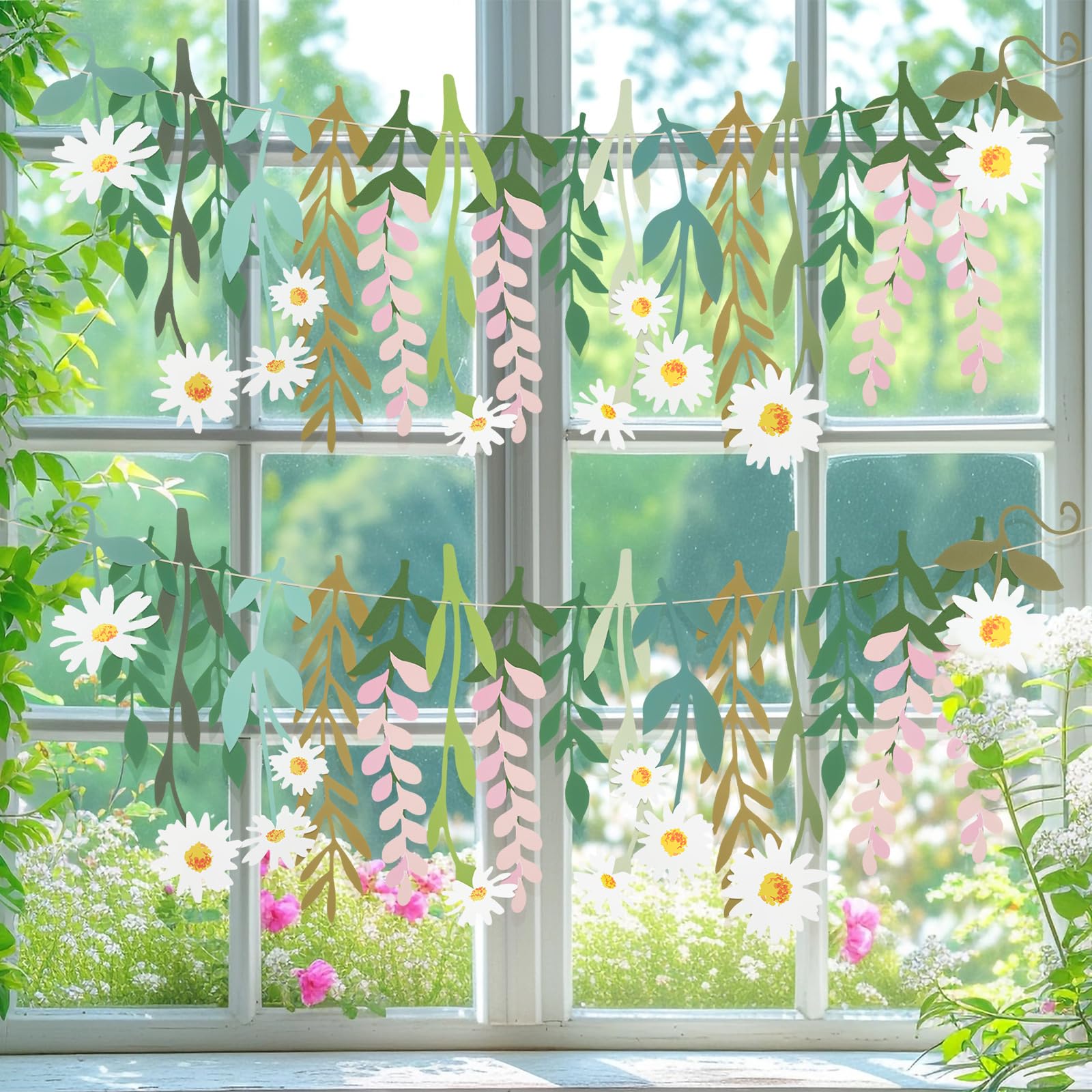 Yeaqee 2 Pcs Flower Banner Garland Cute Double-Sided Waterproof Spring Floral Birthday Party Decoration Paper Backdrop for Wedding Baby Shower(Daisy,White)