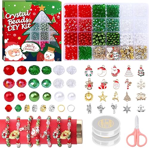 JADVY Kit de 1000 cuentas de cristal de Navidad para hacer pulseras, cuentas de cristal de perlas para hacer joyas, kit con colgantes y cuentas
