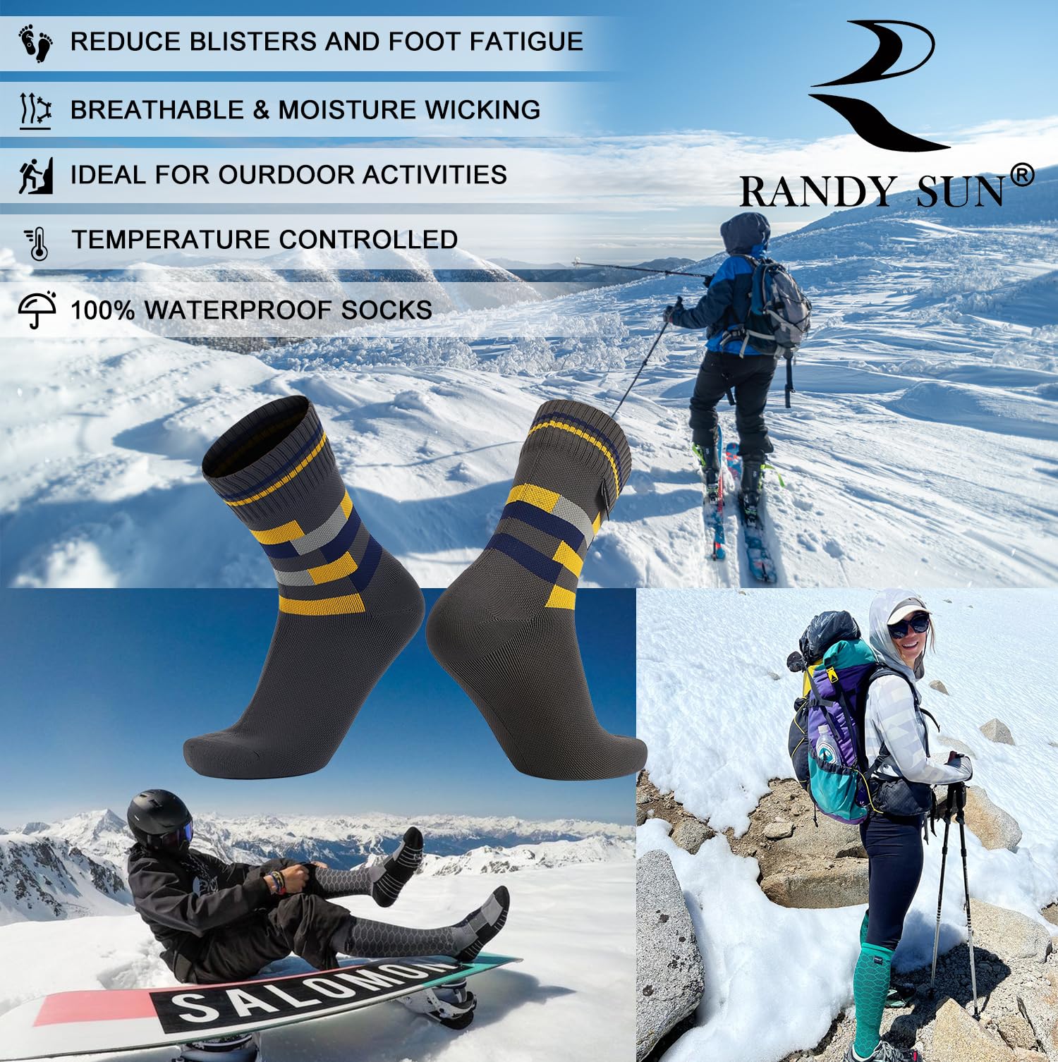 RANDY SUN Unisex Calze Impermeabili Uomo Donna, Calze Invernali Ciclismo, Calzini Traspiranti per Campeggio Pesca Trekking Golf Running, 1 Paio