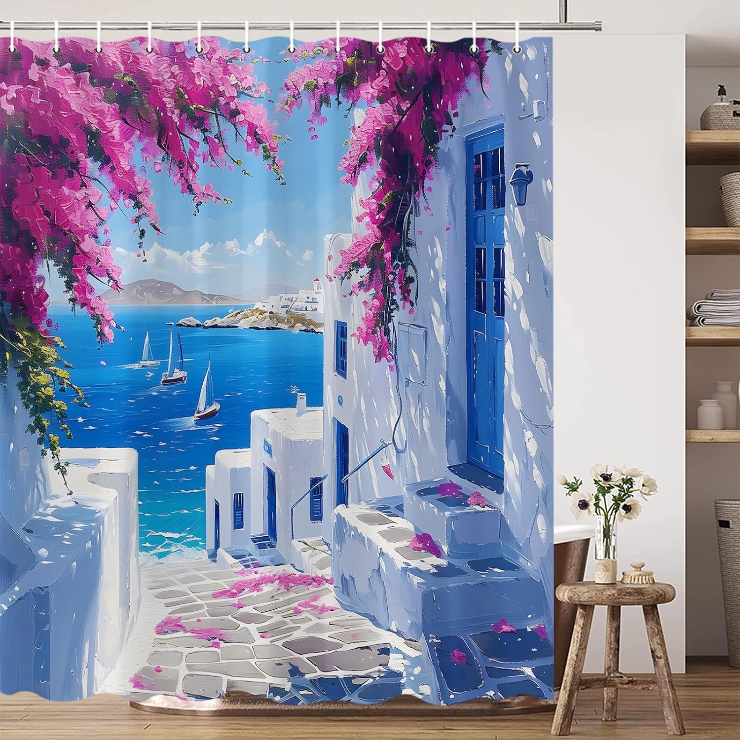Landscape Shower Curtain Santorini Greece White Architecture Purple Flower Blue Ocean Mediterranean Natural Scenery Polyester Fabric Bathroom Decor Set with Hooks 70X96 Inch, YL192AT-180X243CM