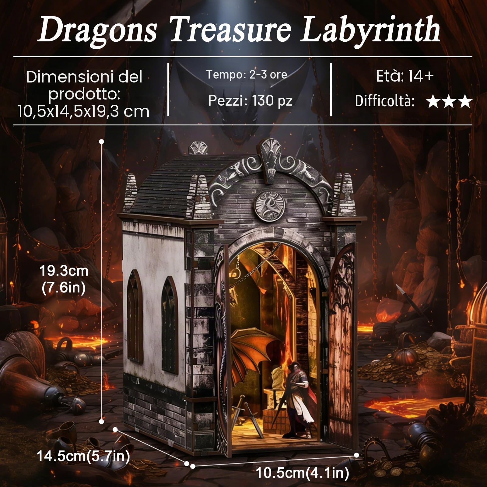 Book Nook Kit per adulti-Labirinto del Tesoro dei Draghi,Puzzle in miniatura 3D fai da te in legno con luci LED,fermalibri in miniatura, decorazione per libreria,Idea Regalo Creativa