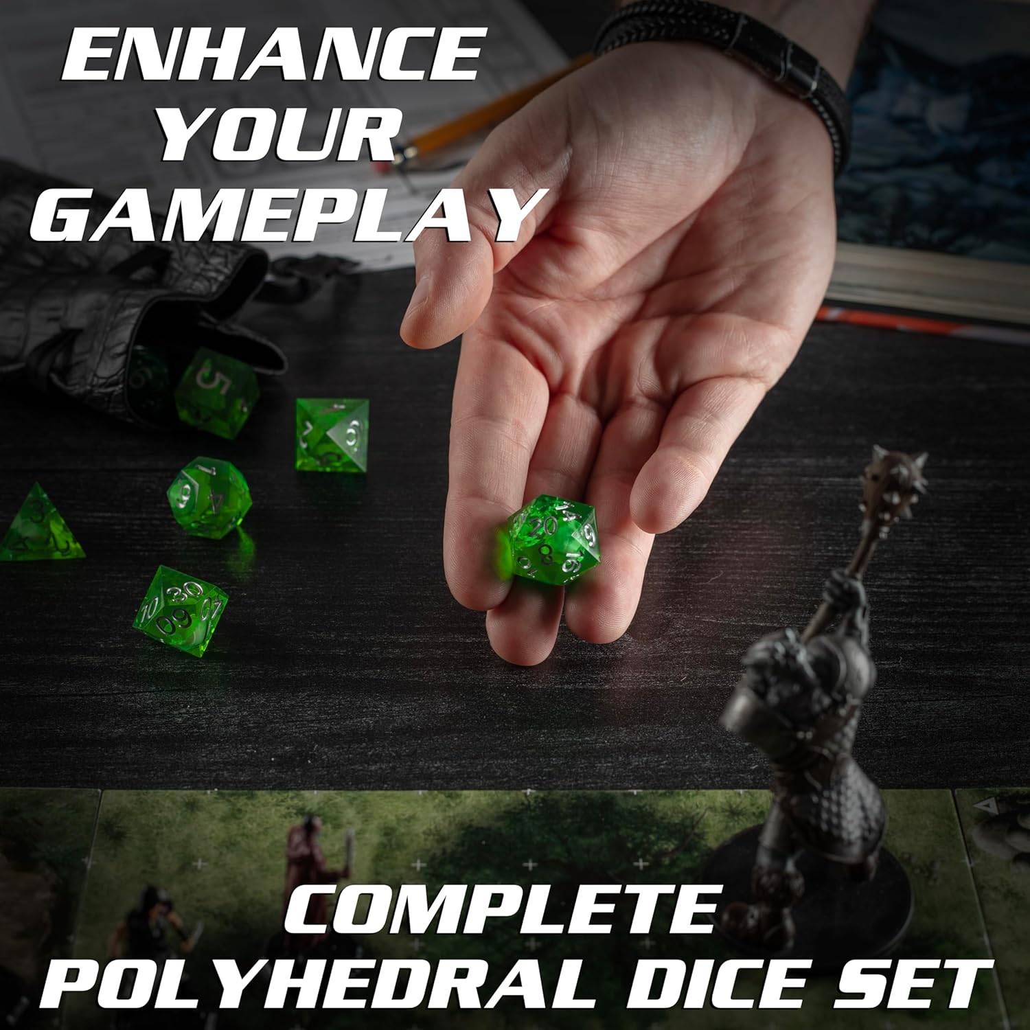 Monster Gelatinous Gaming Dice Set- 7 Green Polyhedral Dice Set with Cubes Victim & Treasure Within- Handmade Premium Sharp Edge Resin- Compatible with D&D Dungeons Dragons MTG Magic & All RPG Games