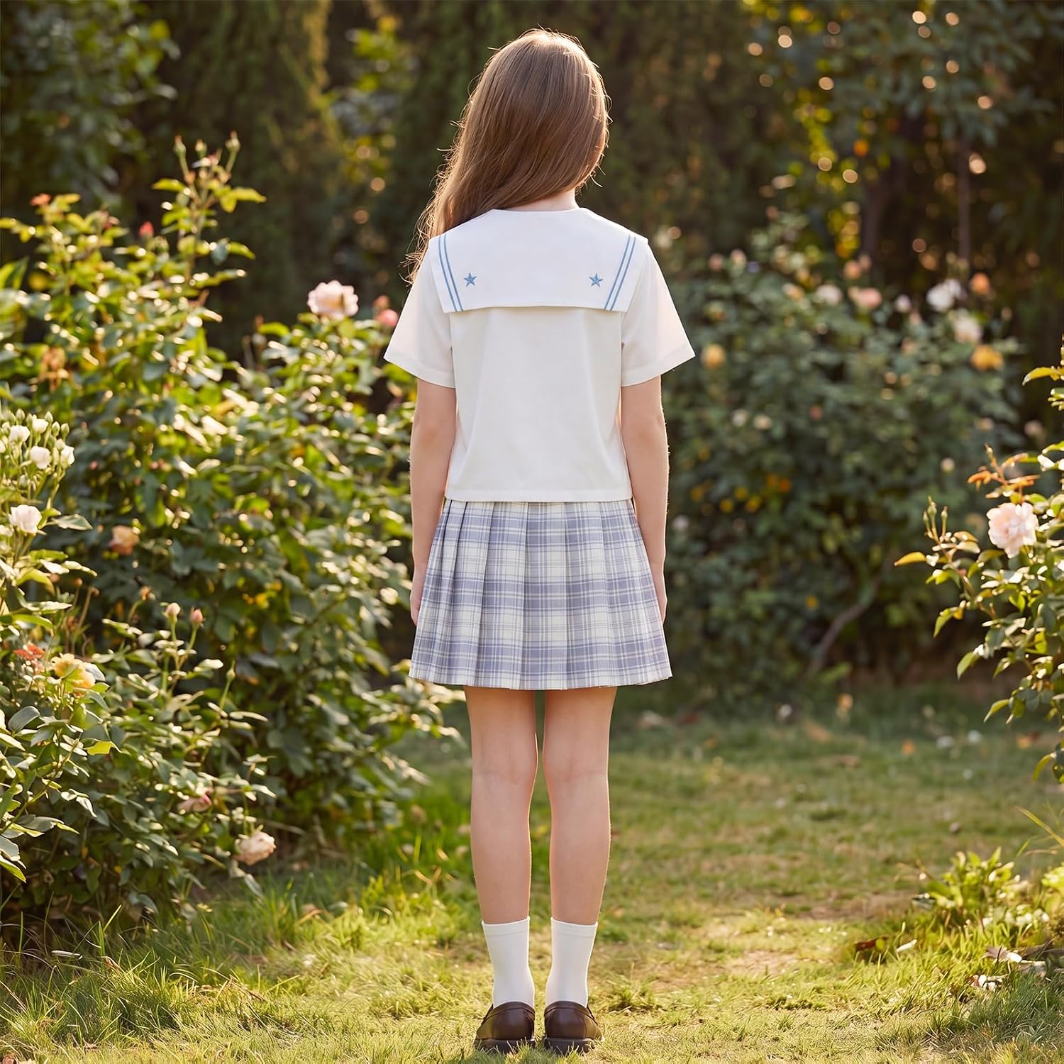 2-Piece Girls Plaid Skirt Set School Uniform JK Outfit - Short Sleeve Shirt with Bow & Pleated Skirt 4T-14Y