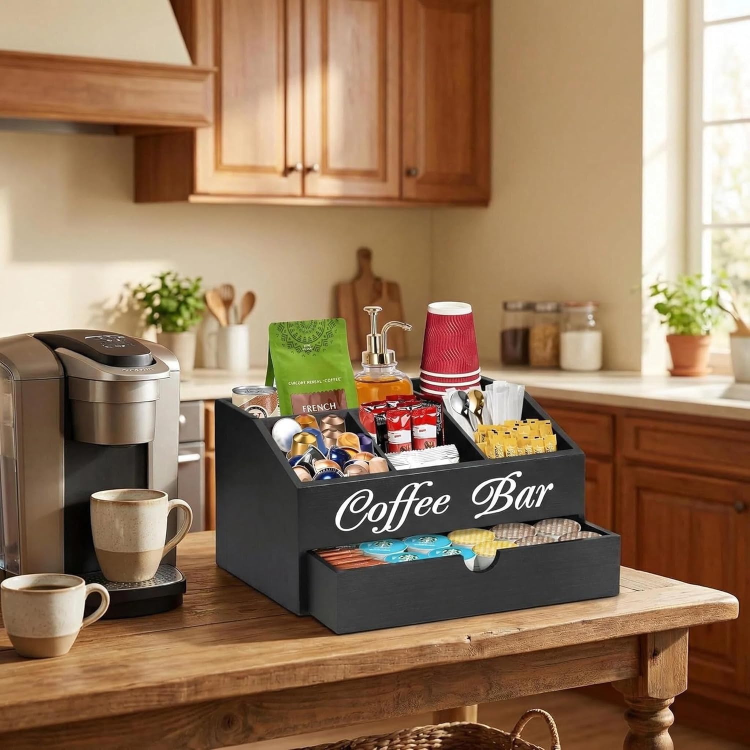 Coffee Bar Organizer, Natural Solid Wood, 5 Compartment Design, Non-Slip Rubber Pads, Black, Large Space Storage (Black Double Layer)