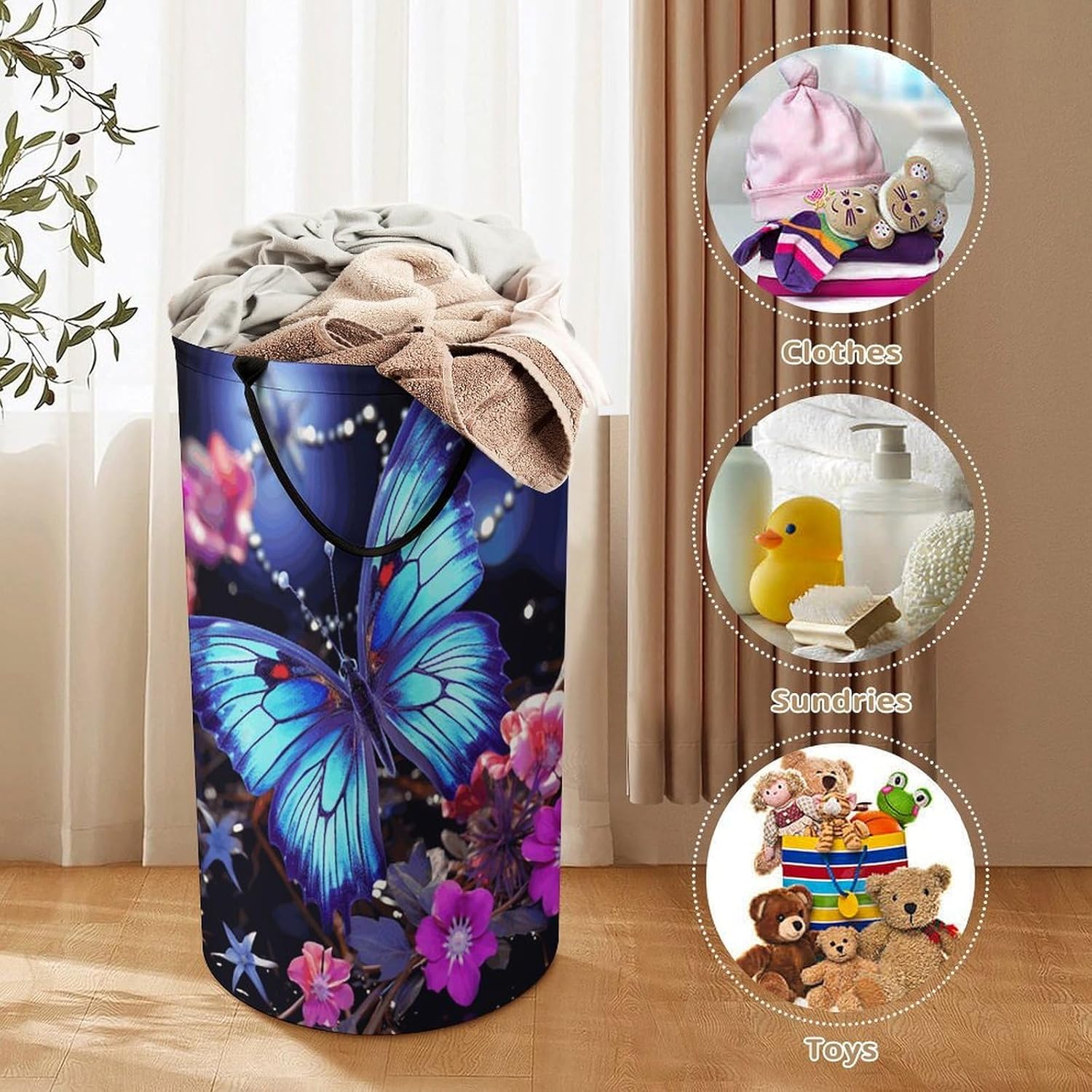 Beauty Butterfly Laundry Basket Freestanding Laundry Hamper with Handles Waterproof Dirty Clothes Hamper Collapsible Washing Bin Aesthetic Clothes Basket for Bathroom Bedroom Dorm