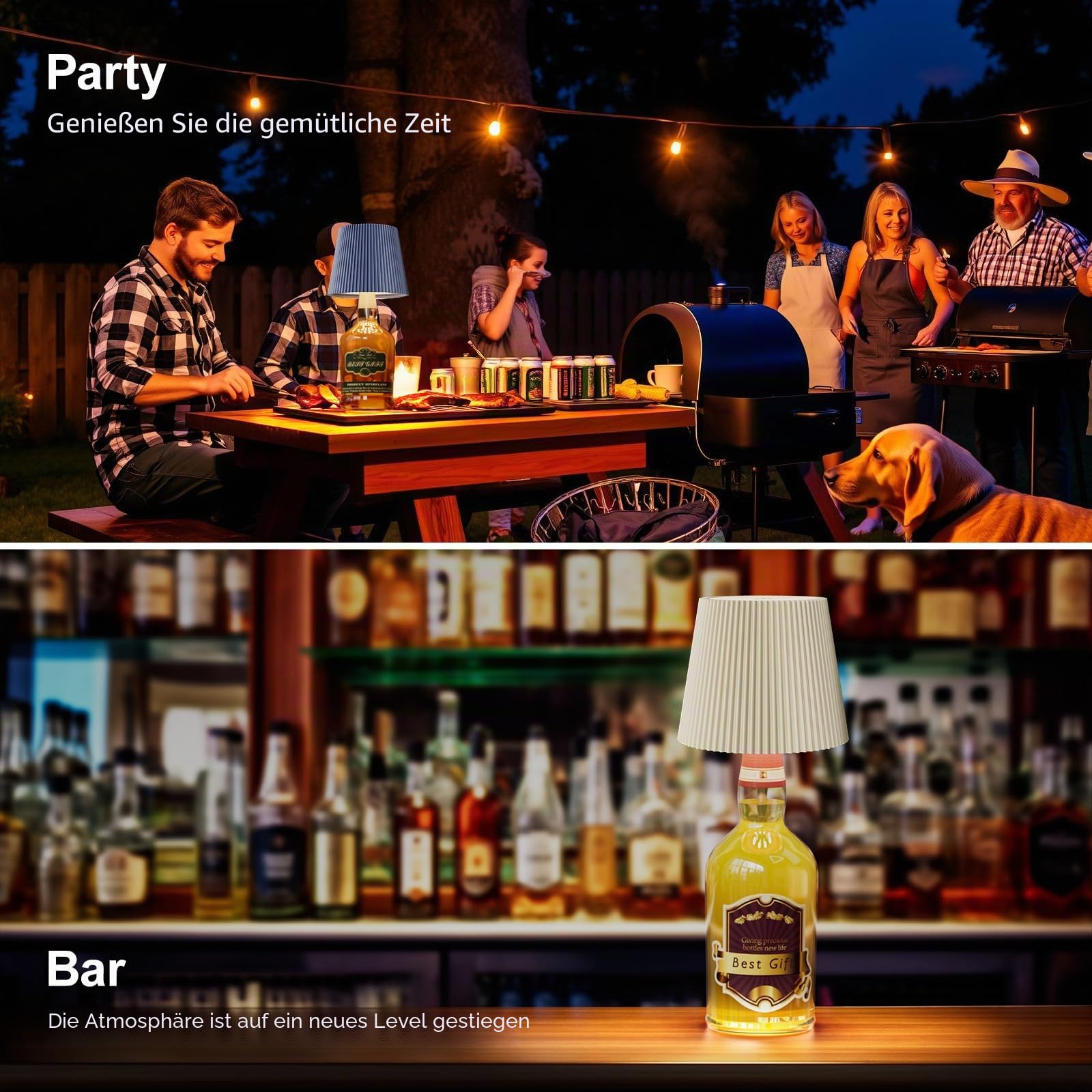 2 Stück Flaschenlampe LED Aufladbar - 5200mAh Tischlampe Kabellos Dimmbar 3 Farben - Flaschenlicht Touch Control IP54 Spritzwassergeschützt für Innen Außen Familie Restaurant (Schwarz+Weiß)