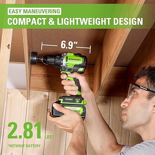 Miniatura 7 de Greenworks Taladro inalámbrico de 24 V sin escobillas de 12 pulgada (mandril de metal, 800 pulgadas-lb21 posición de embragueluz LED), solo