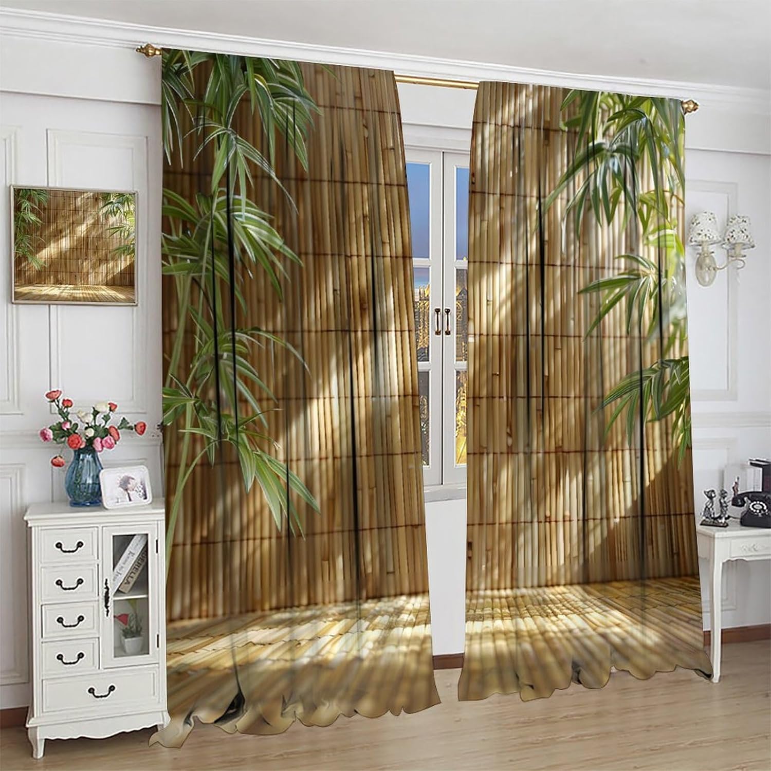 Asian Bamboo Curtains, Exotic Orient Ethnic Natural Vibrant Zen Plant Tree View Pattern Home Decor Window Treatments, Blackout Rod Pocket Drapes for Livingroom Bedroom Bathroom Kitchen 63x72in