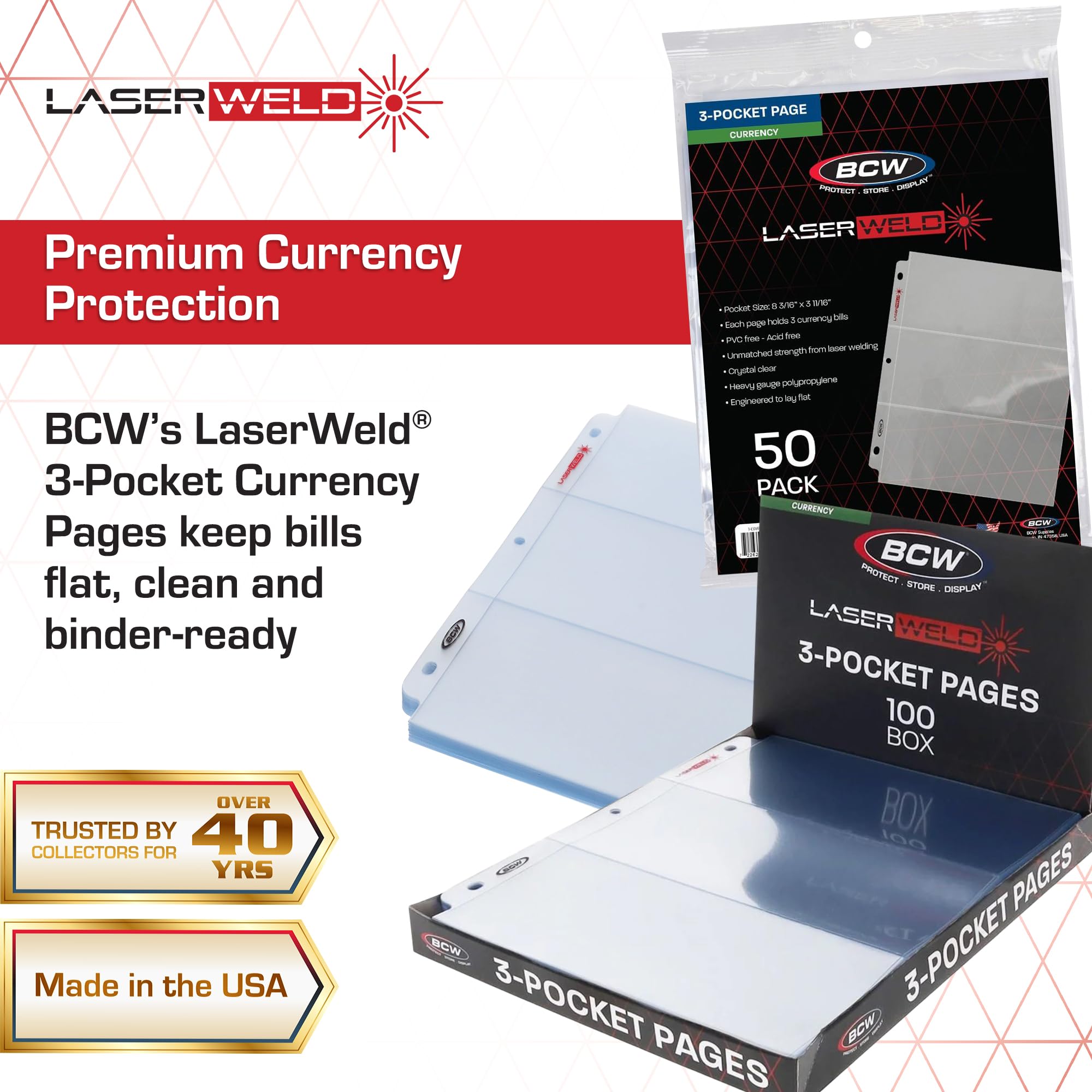 Condition photo showing New/Like New for bcw laserweld 3-pocket currency page - 50 pack | archival polypropylene | top-loading, acid-free, clear binder sleeves | ideal for dollar bill, currency, money, and coin collecting supplies