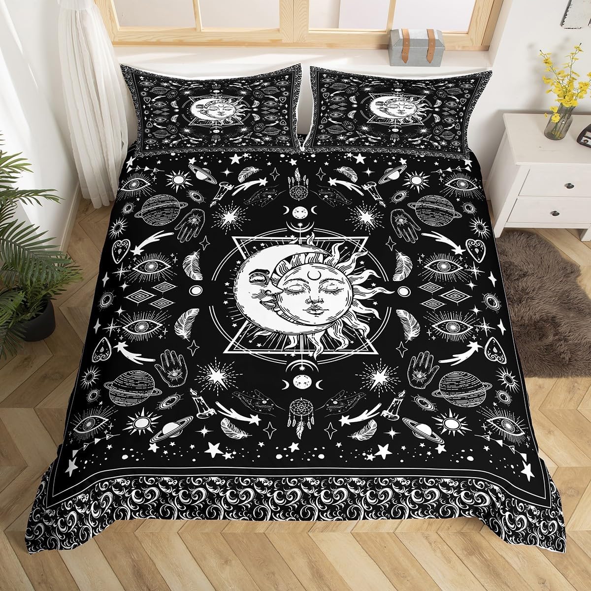 Sun and Moon Kids Duvet Cover Set King Size,Starry Sky Galaxy Planets Trippy Bedding Set,Boys Girls Adults Room Decor,Paisley Boho Exotic Comforter Cover,Black White Chic Quilt Cover,2 Pillowcases