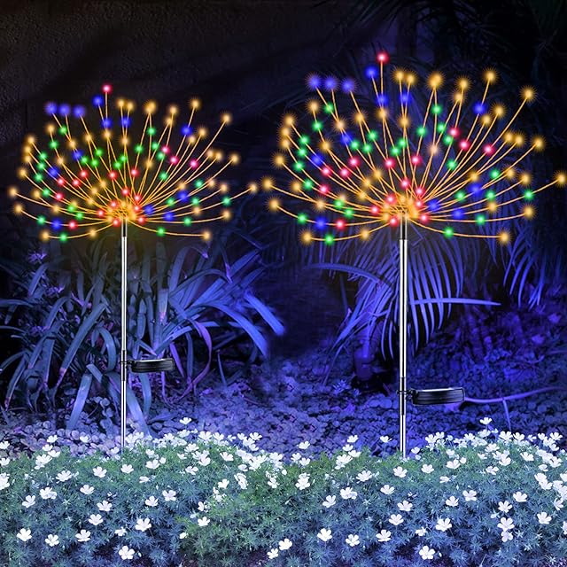 YOTOZU 2 PCS Solar Firework Light, Outdoor Solar Garden Decorative Lights 120 LED Powered 40 Copper Wires String DIY Landscape Light for Pathway (Multi-Color)
